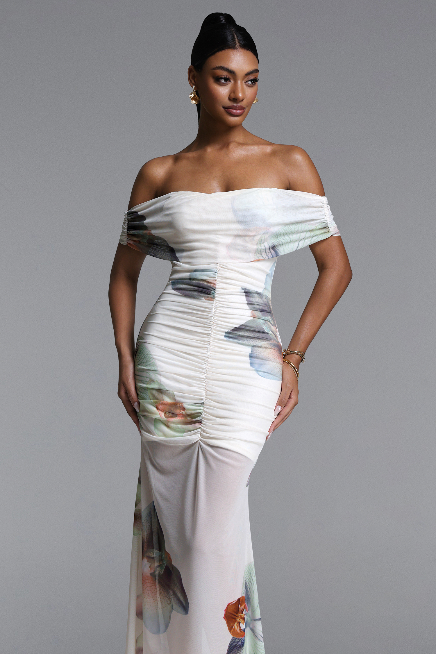 Edmee Elegant Contour Off Shoulder Floral Print Maxi Dress