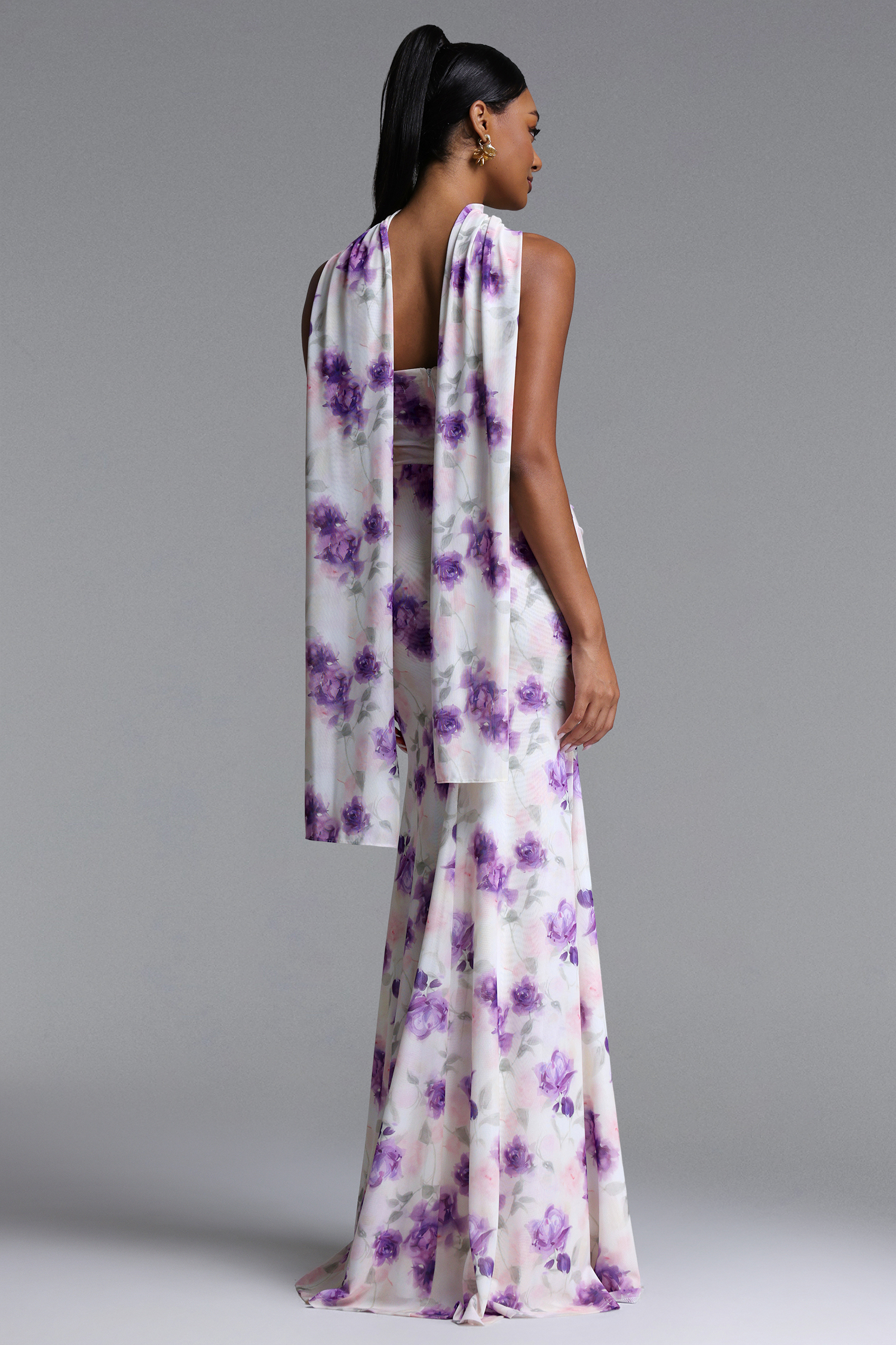 Olivia Romantic Contour Strapless Scarf Ruched Floral Print Mesh Maxi Dress