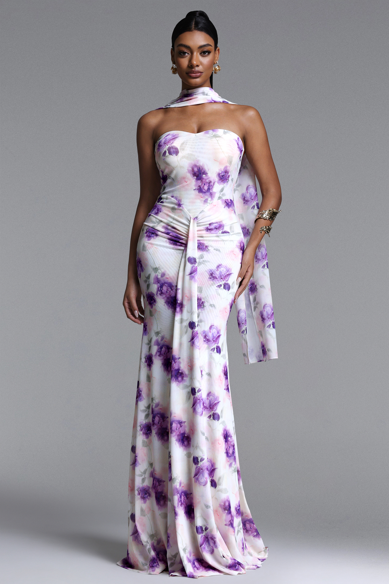 Olivia Romantic Contour Strapless Scarf Ruched Floral Print Mesh Maxi Dress