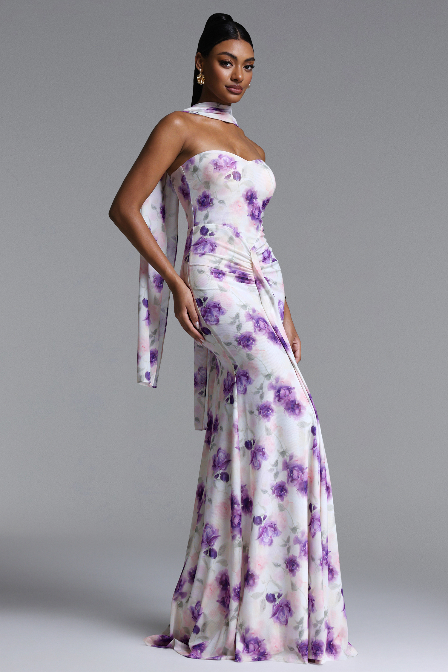 Olivia Romantic Contour Strapless Scarf Ruched Floral Print Mesh Maxi Dress