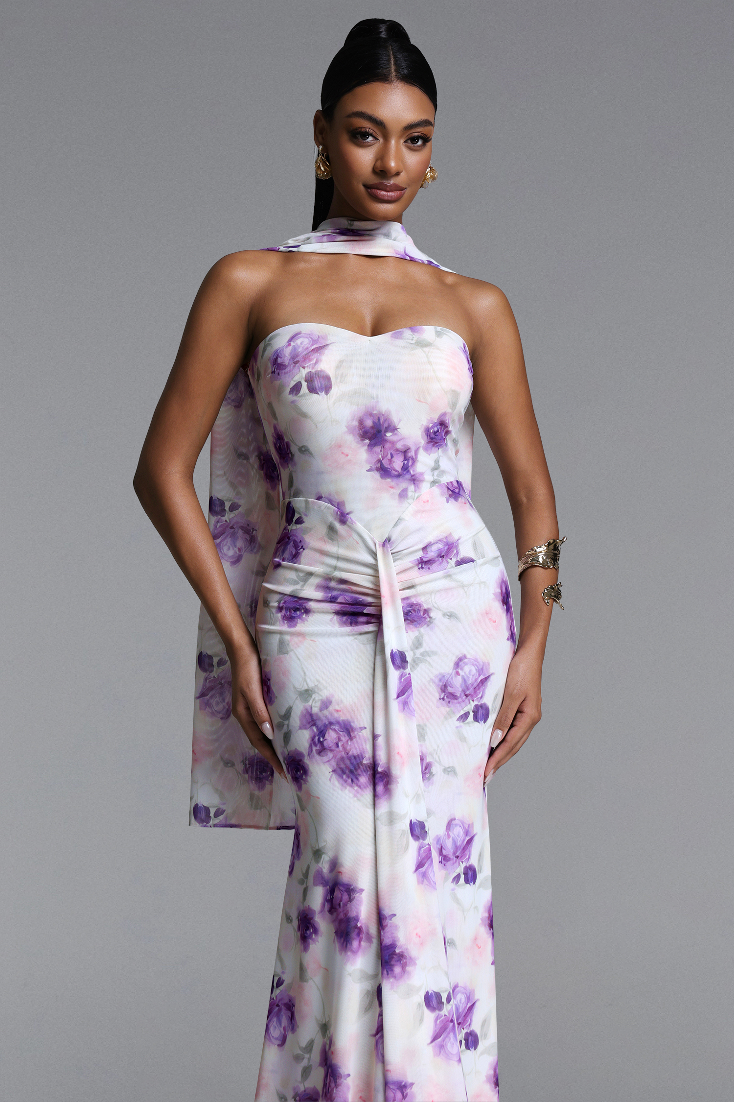 Olivia Romantic Contour Strapless Scarf Ruched Floral Print Mesh Maxi Dress