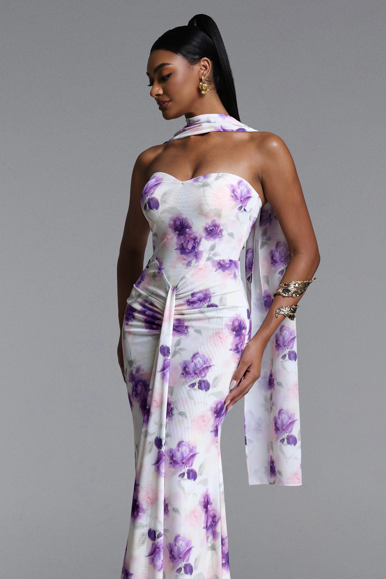 Olivia Romantic Contour Strapless Scarf Ruched Floral Print Mesh Maxi Dress