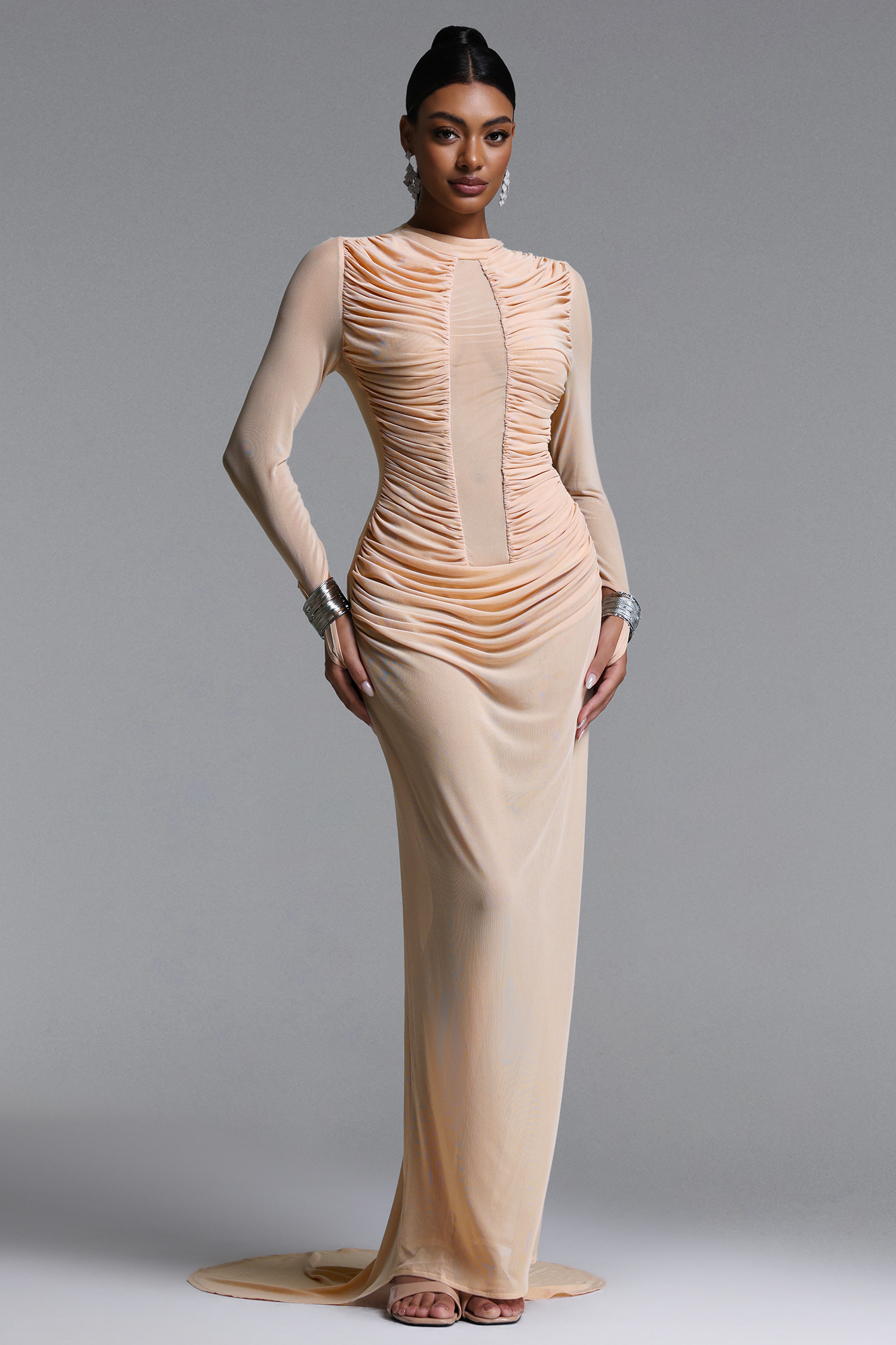 Rania Chic Contour Long Sleeve Ruched Sheer Maxi Dress