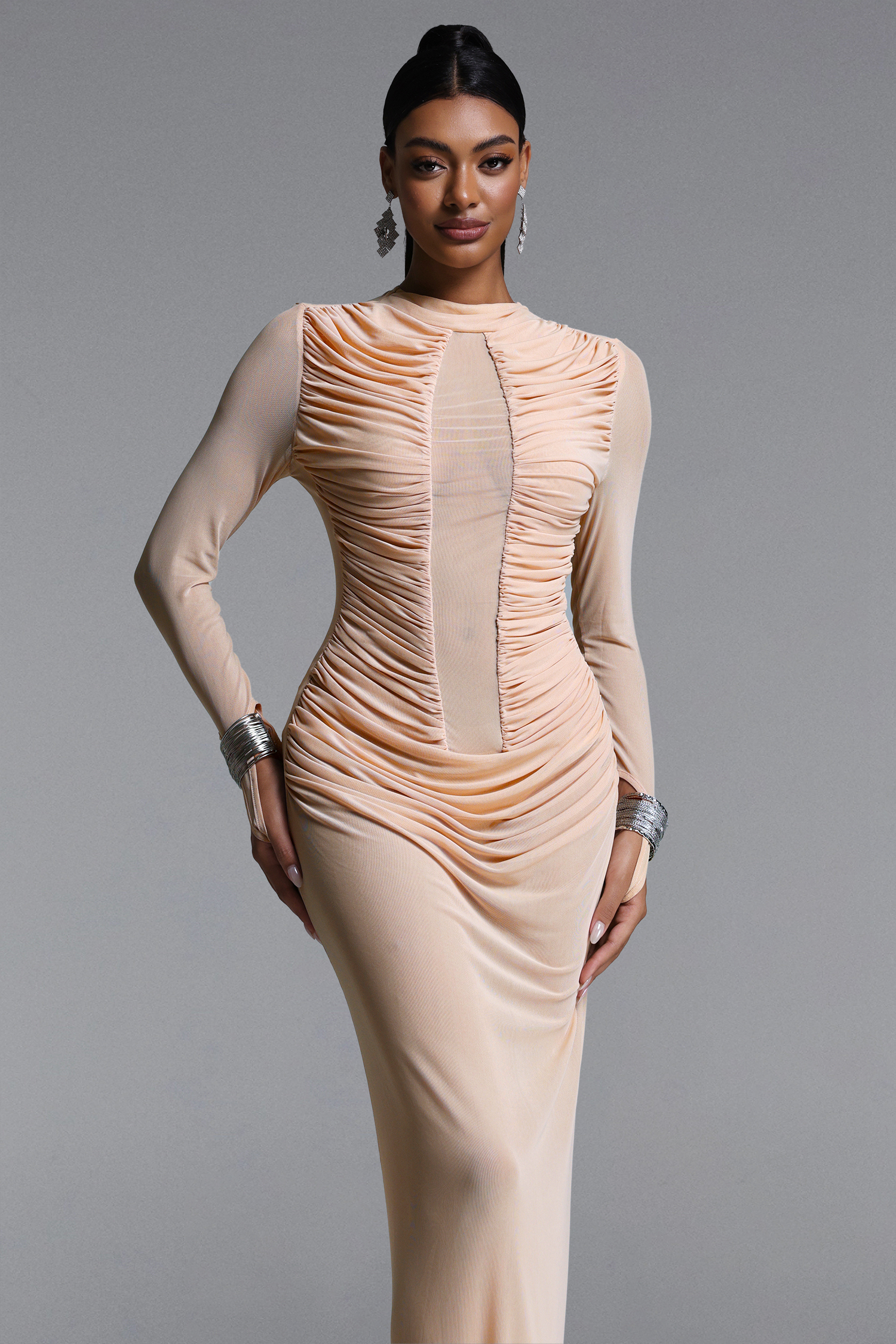 Rania Chic Contour Long Sleeve Ruched Sheer Maxi Dress