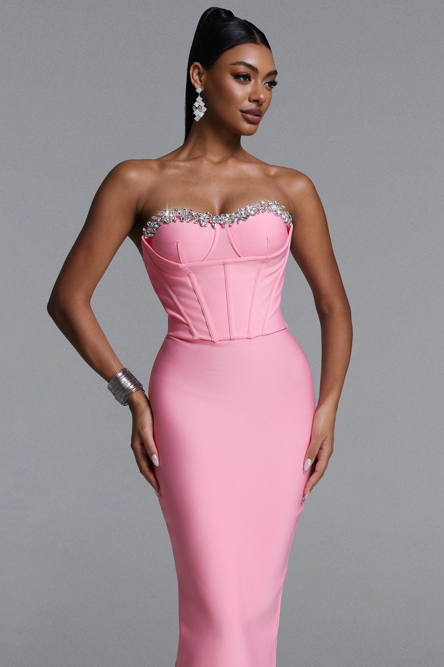 Myrna Romantic Contour Strapless Contour Rhinestone Bandage Maxi Dress