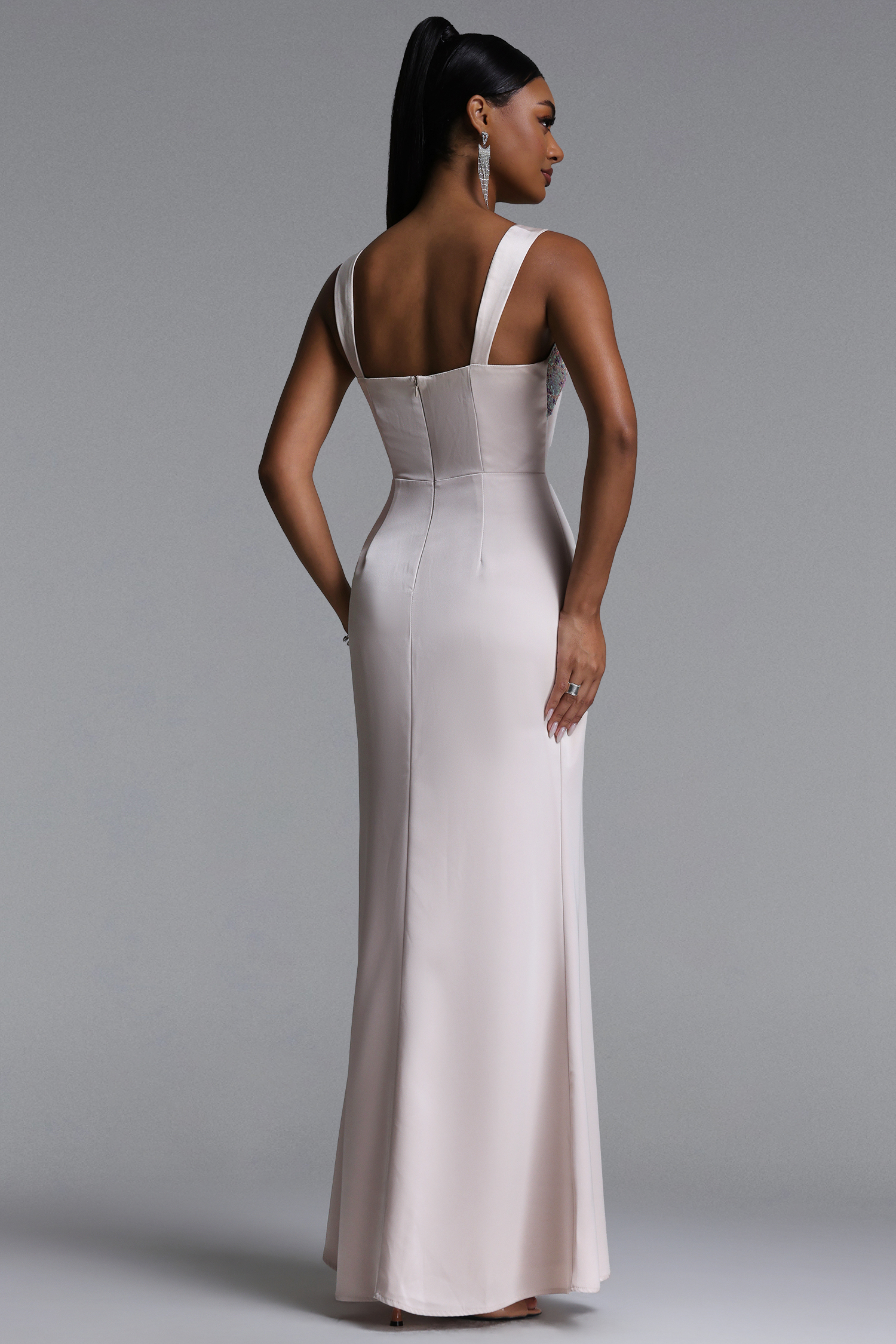 Mattey Classic Tailored Square Neck High Slit Woven Maxi Dress