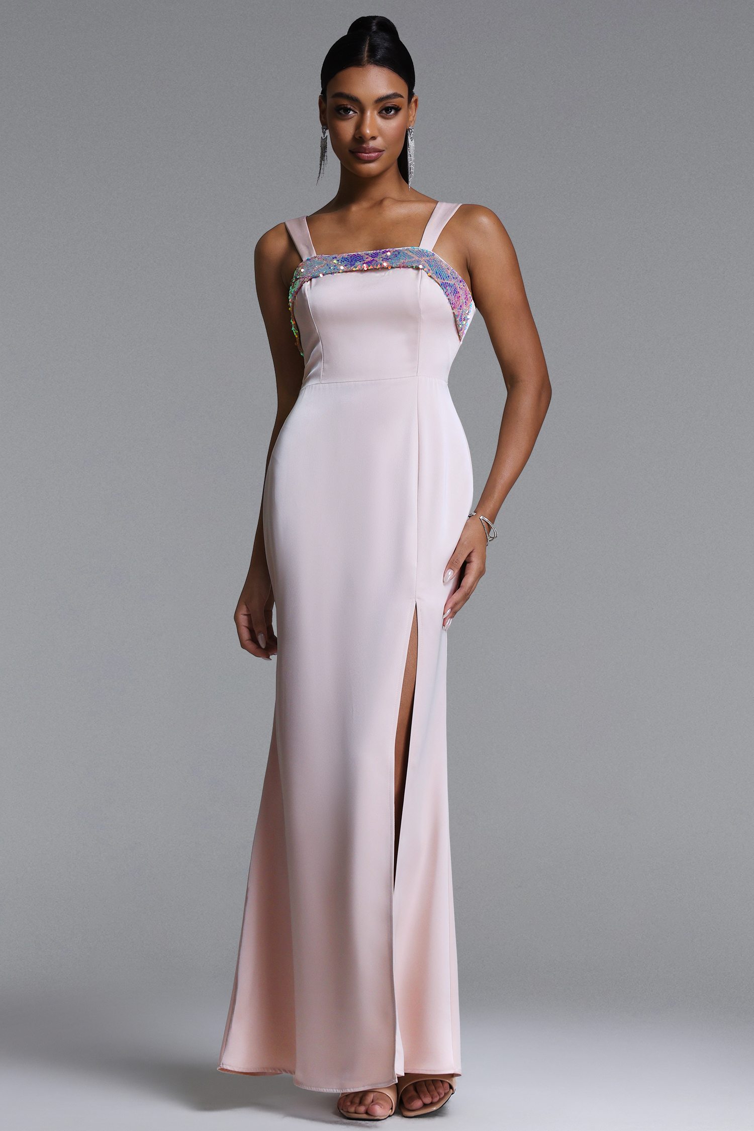 Mattey Classic Tailored Square Neck High Slit Woven Maxi Dress