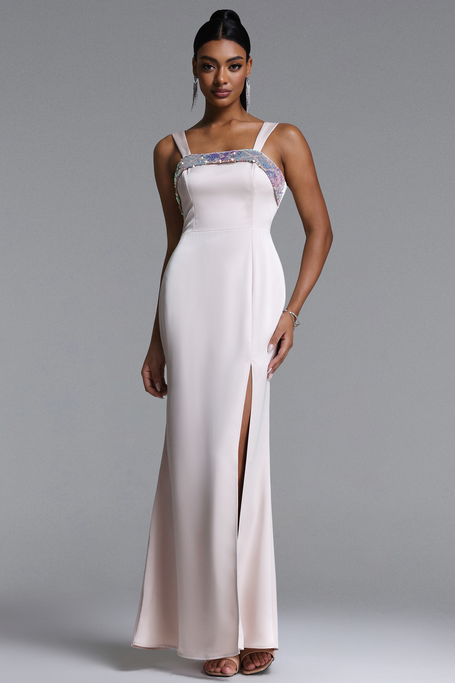 Mattey Classic Tailored Square Neck High Slit Woven Maxi Dress