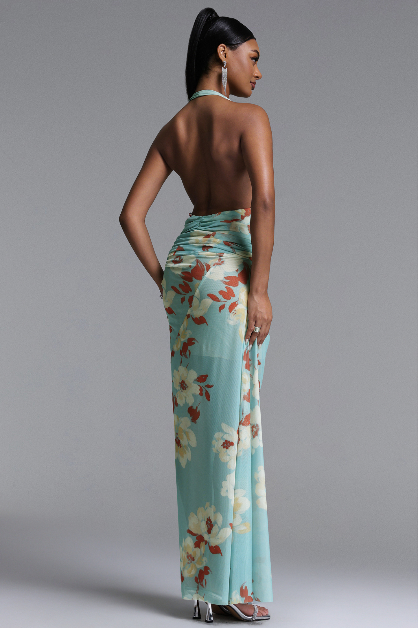 Yogi Chic Flowy Halter V Neck Twist Floral Print Maxi Dress
