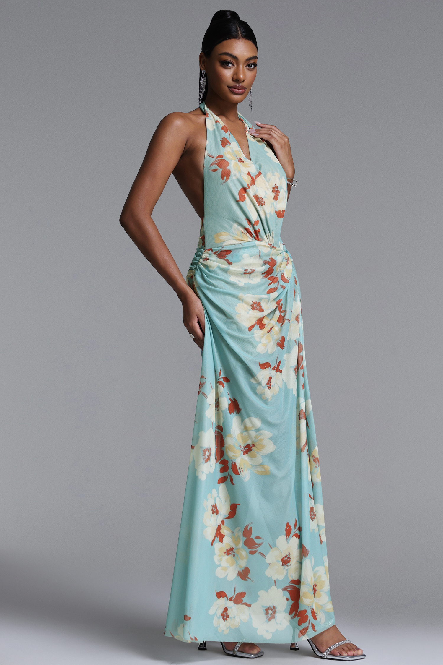 Yogi Chic Flowy Halter V Neck Twist Floral Print Maxi Dress