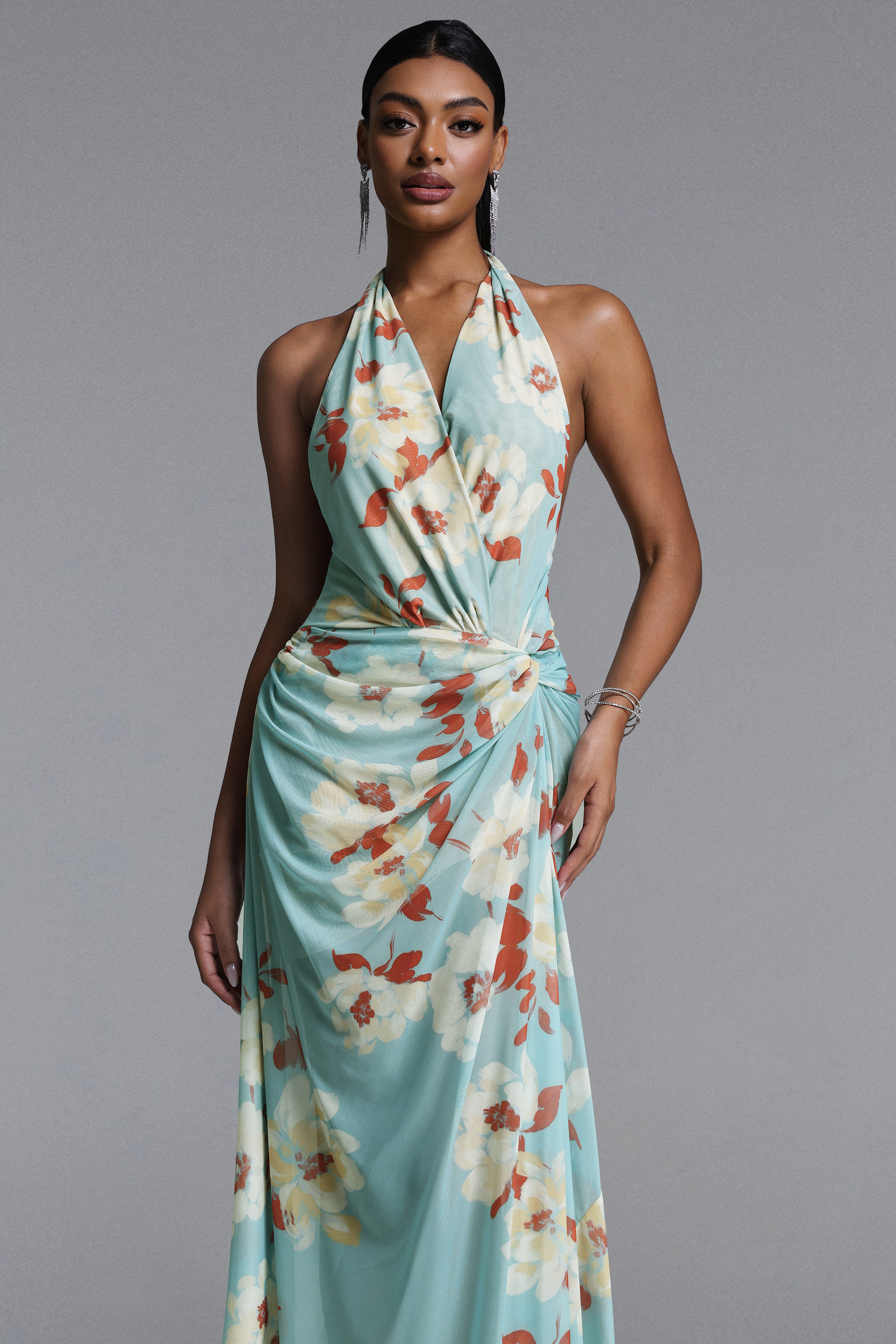 Yogi Chic Flowy Halter V Neck Twist Floral Print Maxi Dress