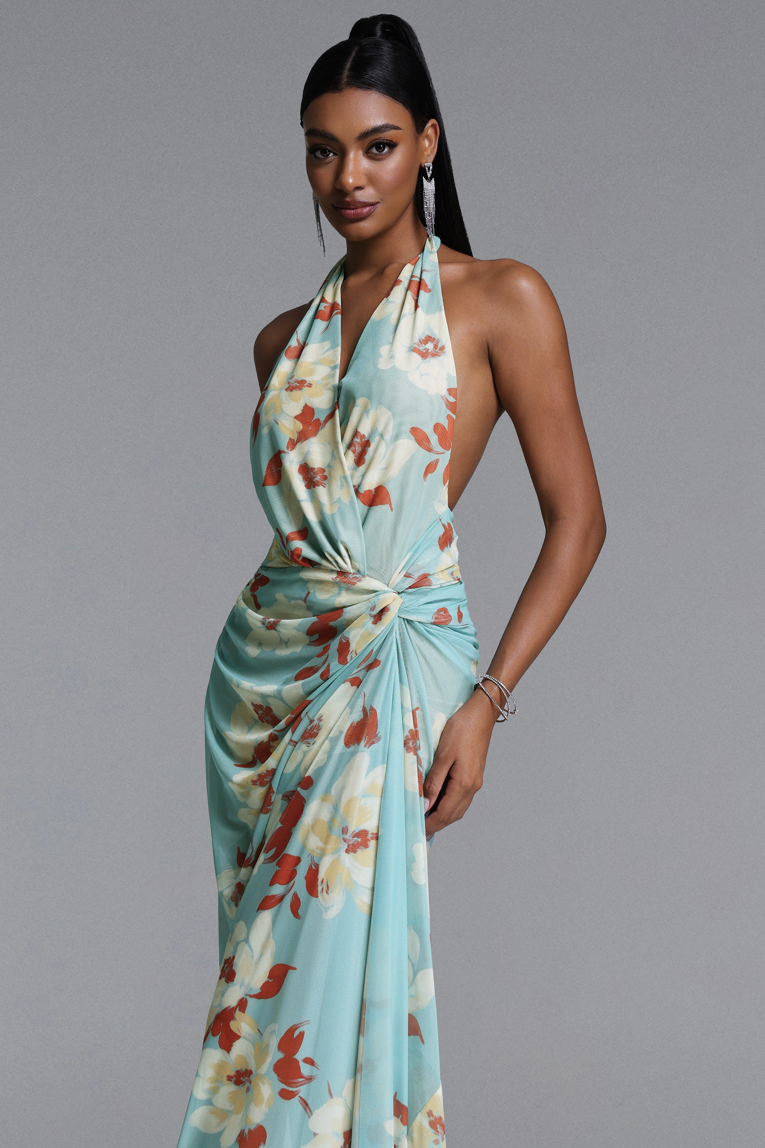 Yogi Chic Flowy Halter V Neck Twist Floral Print Maxi Dress