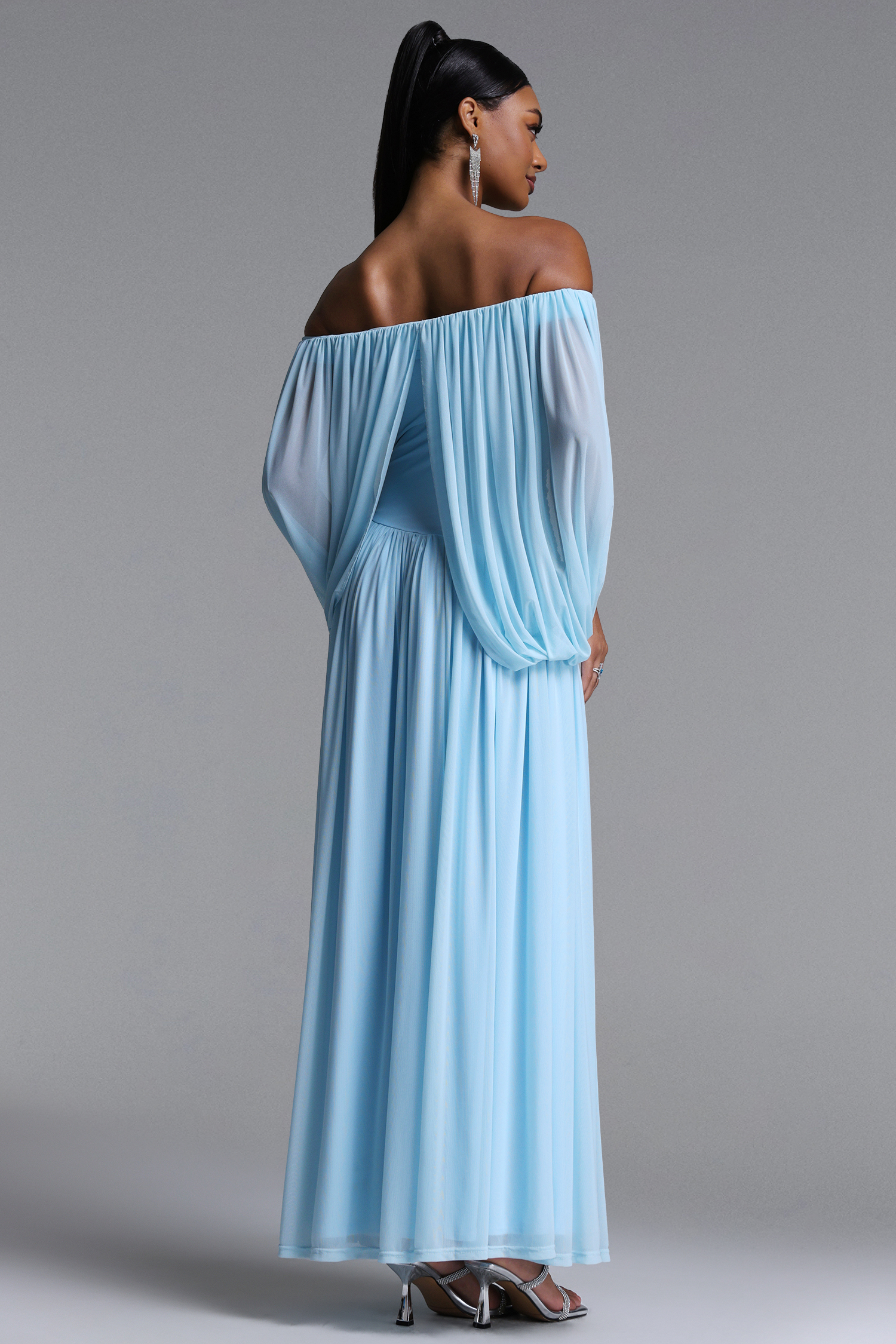 Harena Elegant Contour Off Shoulder Ruched Blue Maxi Dress