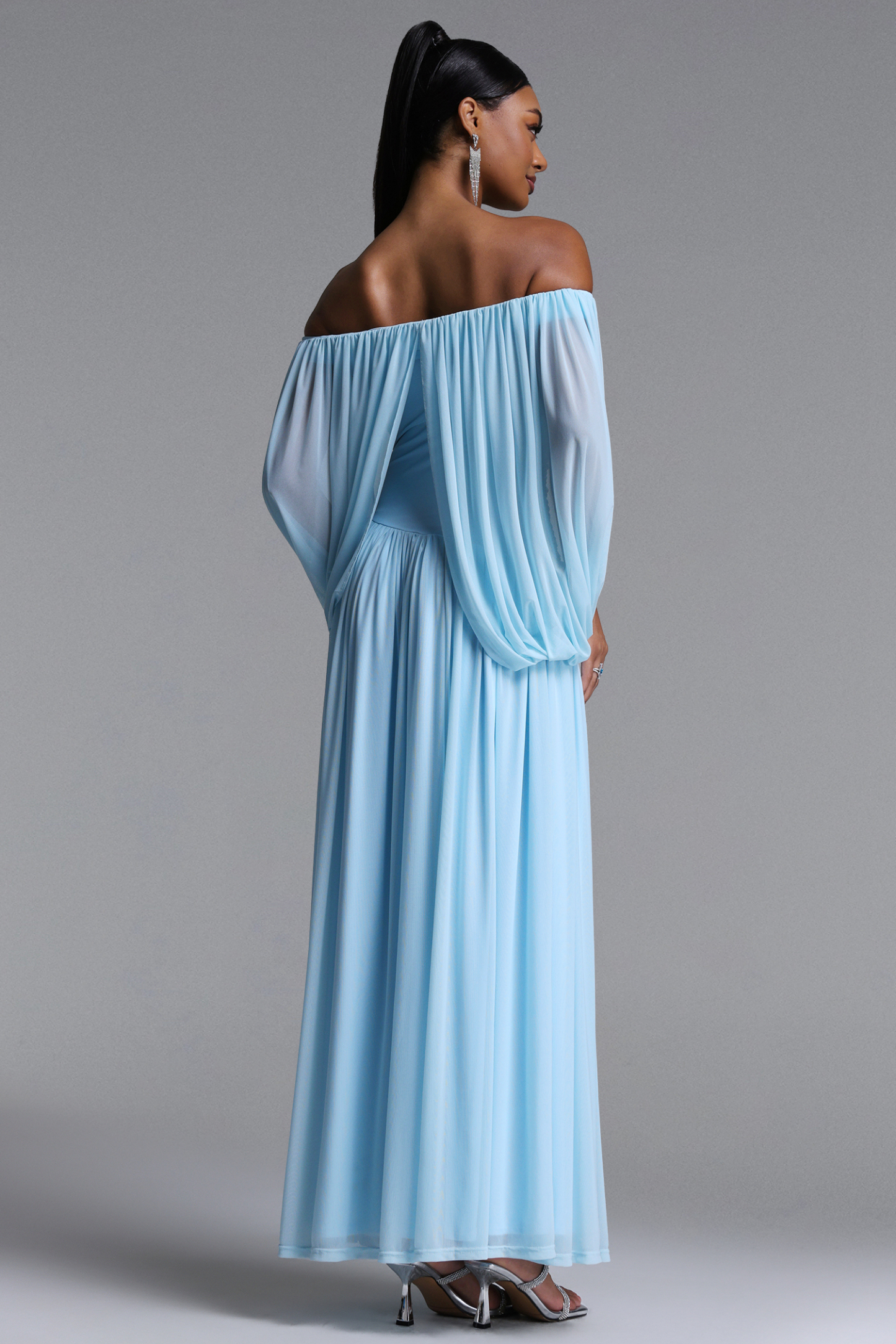 Harena Elegant Contour Off Shoulder Ruched Blue Maxi Dress