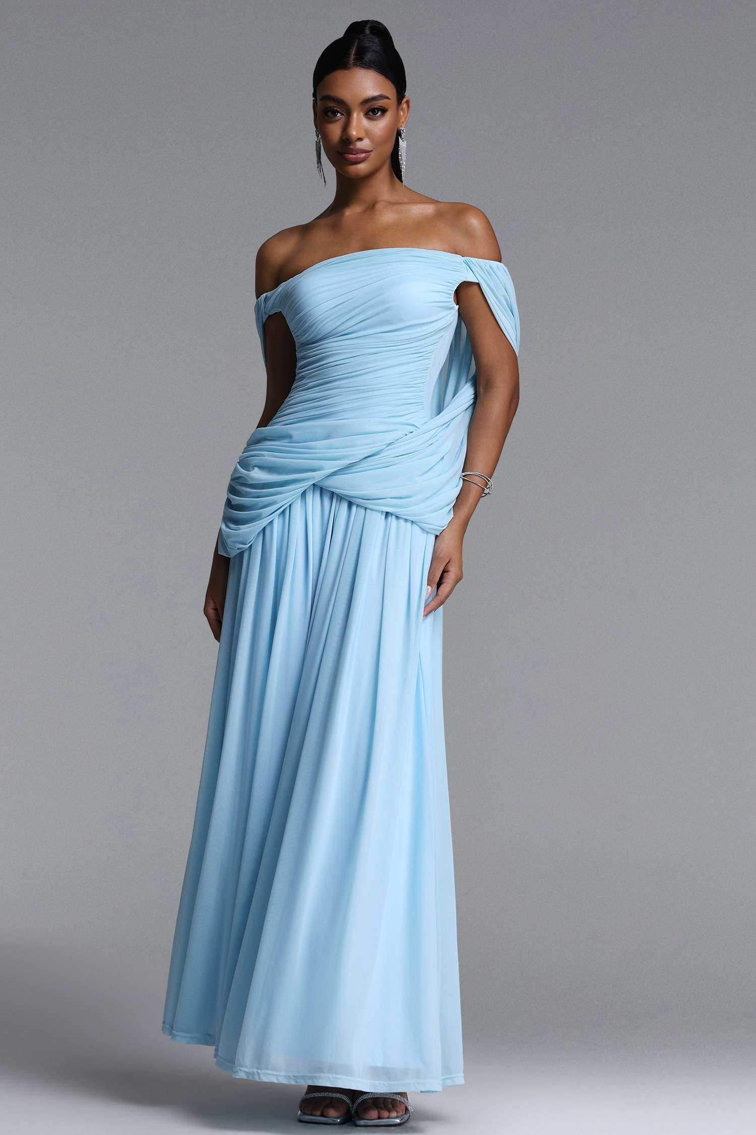 Harena Elegant Contour Off Shoulder Ruched Blue Maxi Dress