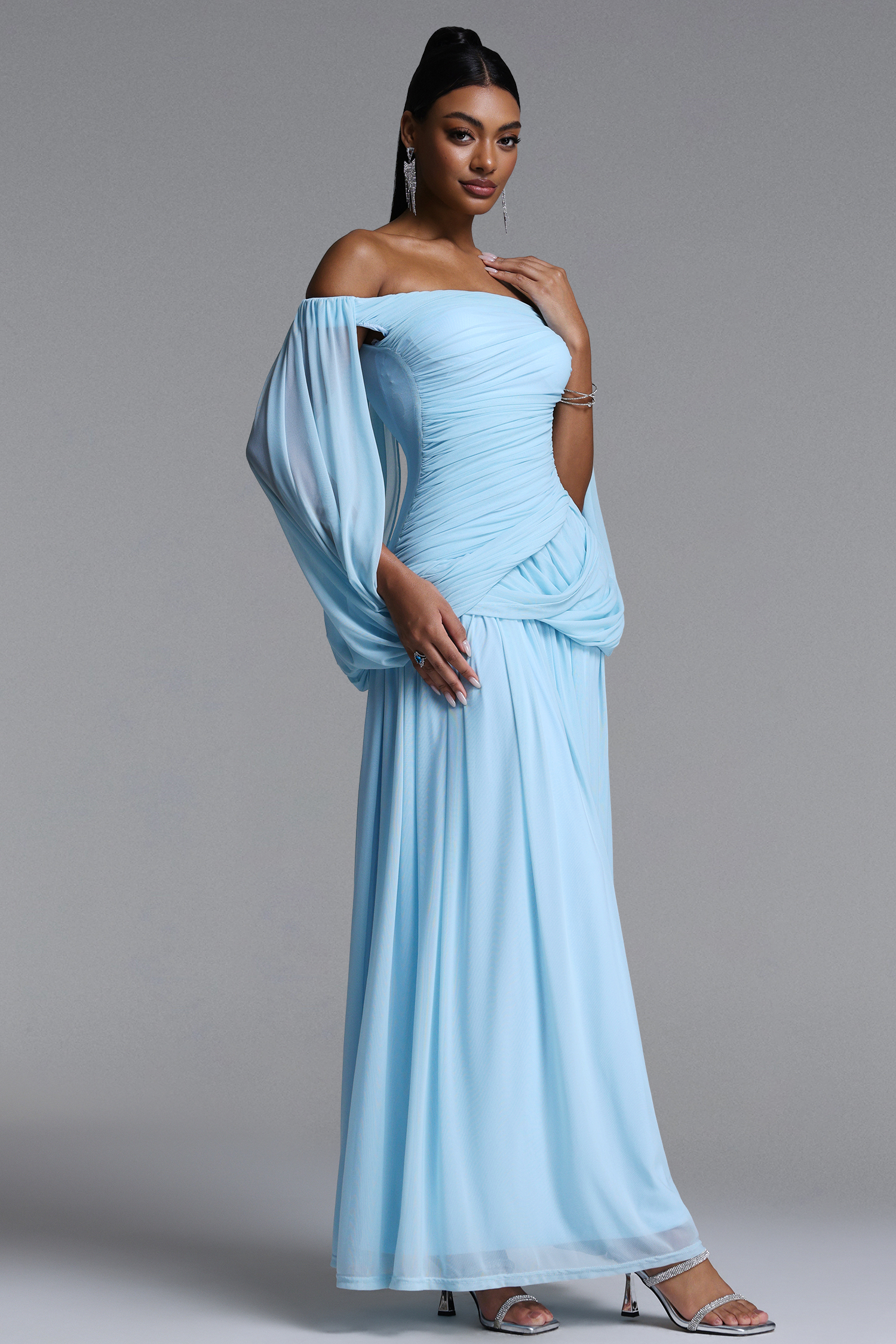 Harena Elegant Contour Off Shoulder Ruched Blue Maxi Dress