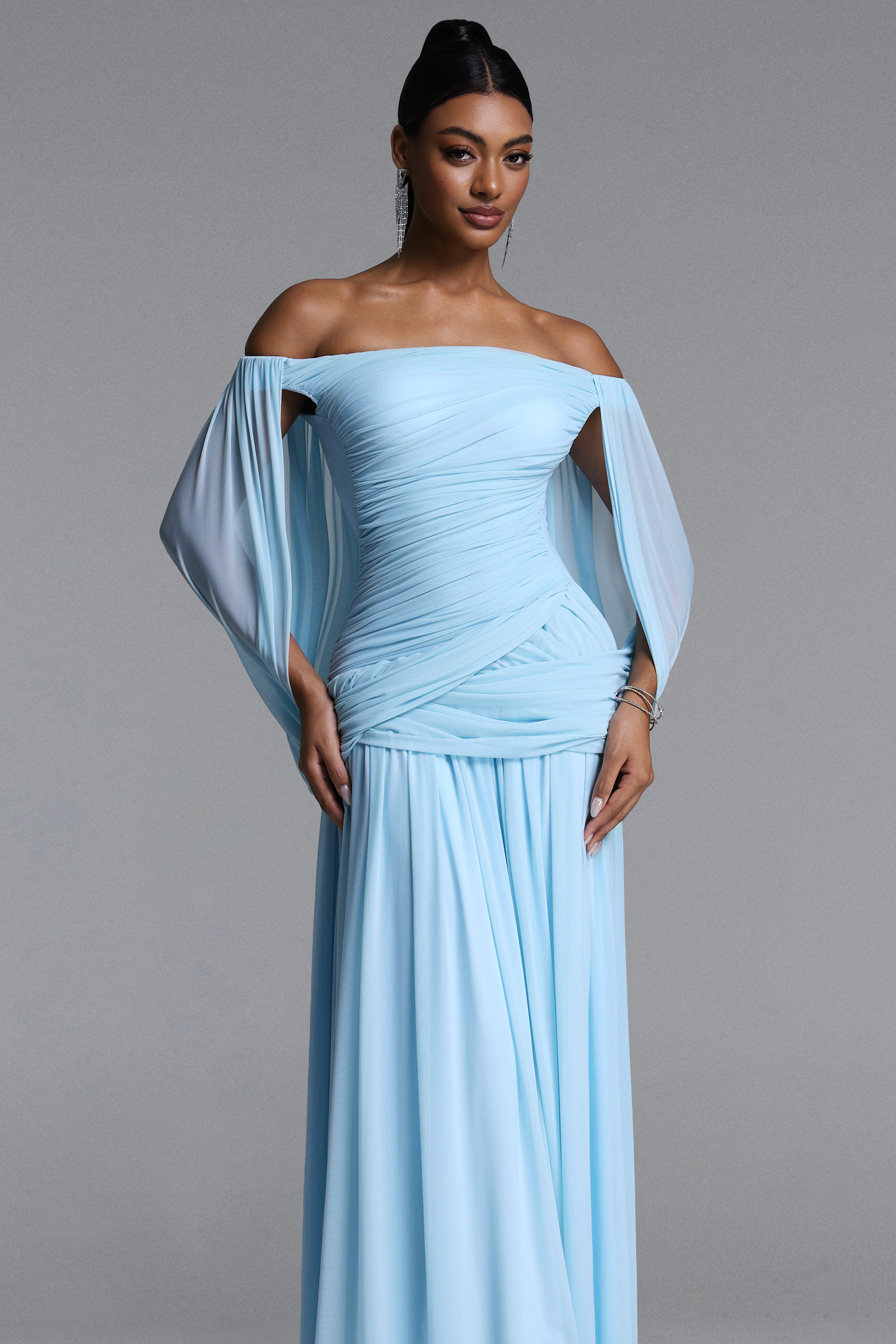 Harena Elegant Contour Off Shoulder Ruched Blue Maxi Dress