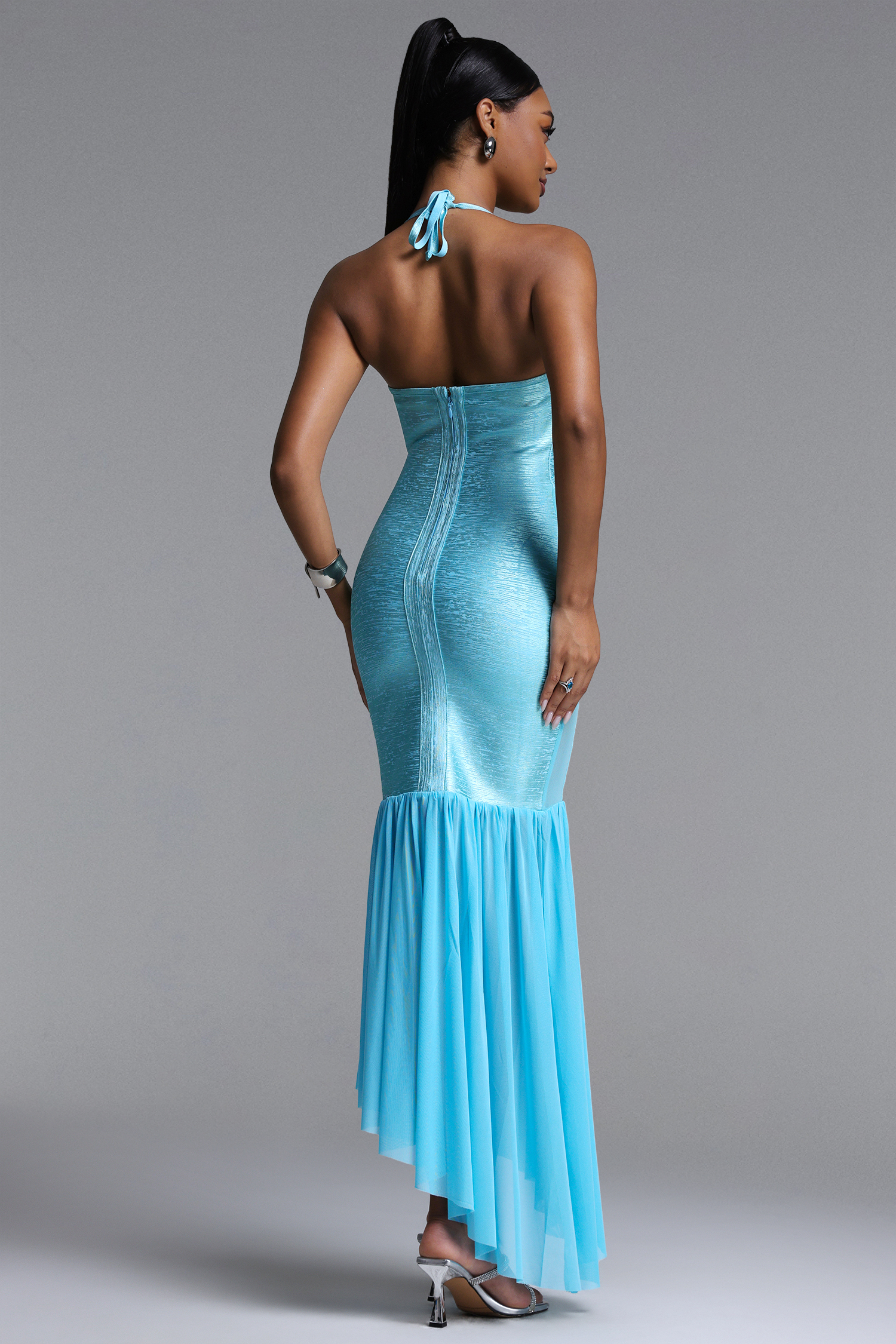 Ninamo Chic Contour Halter Cut Out Metallic Bandage Maxi Dress