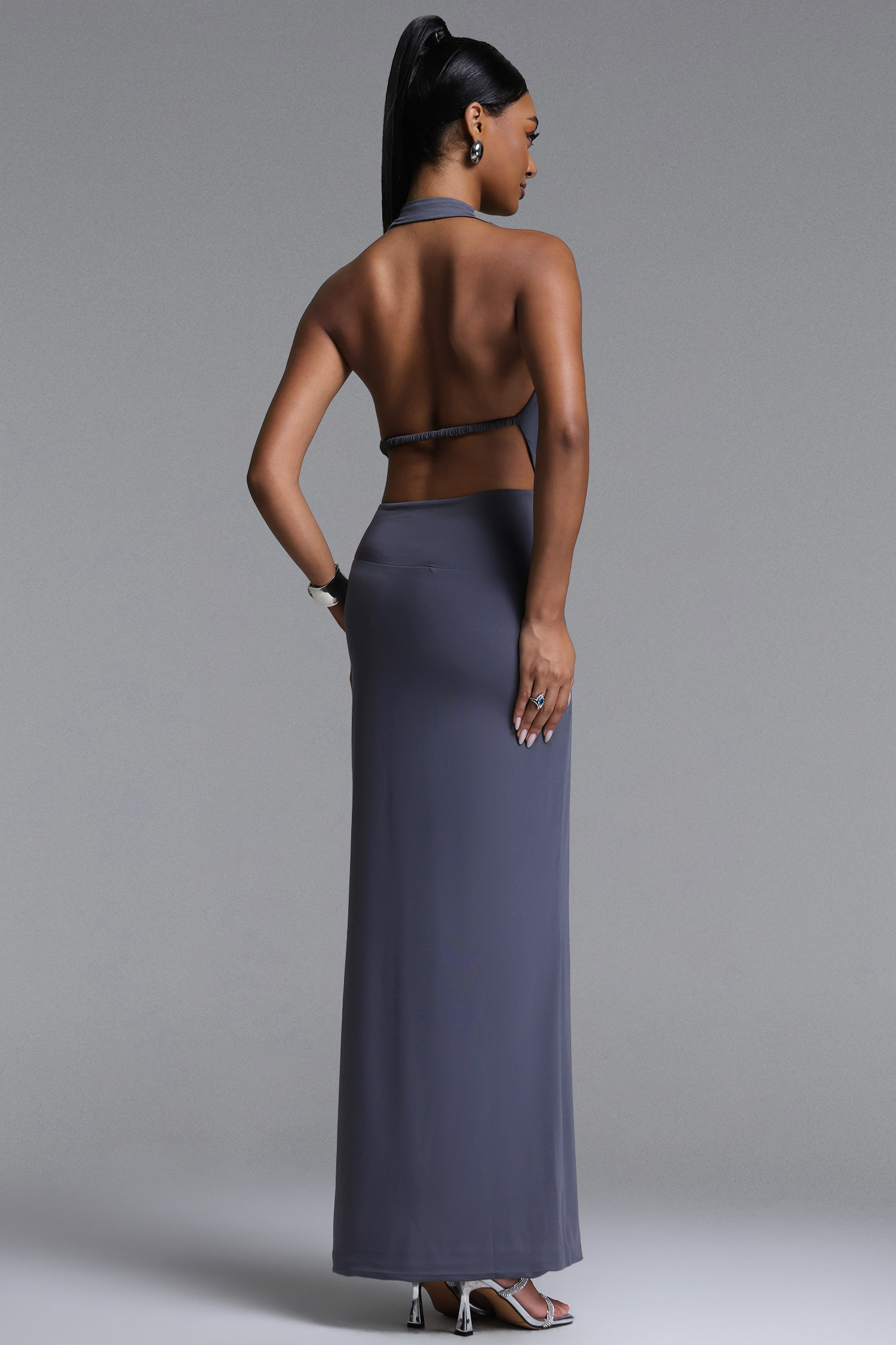 Xuliy Chic Contour Deep V Asymmetric Metal Buckle Maxi Dress