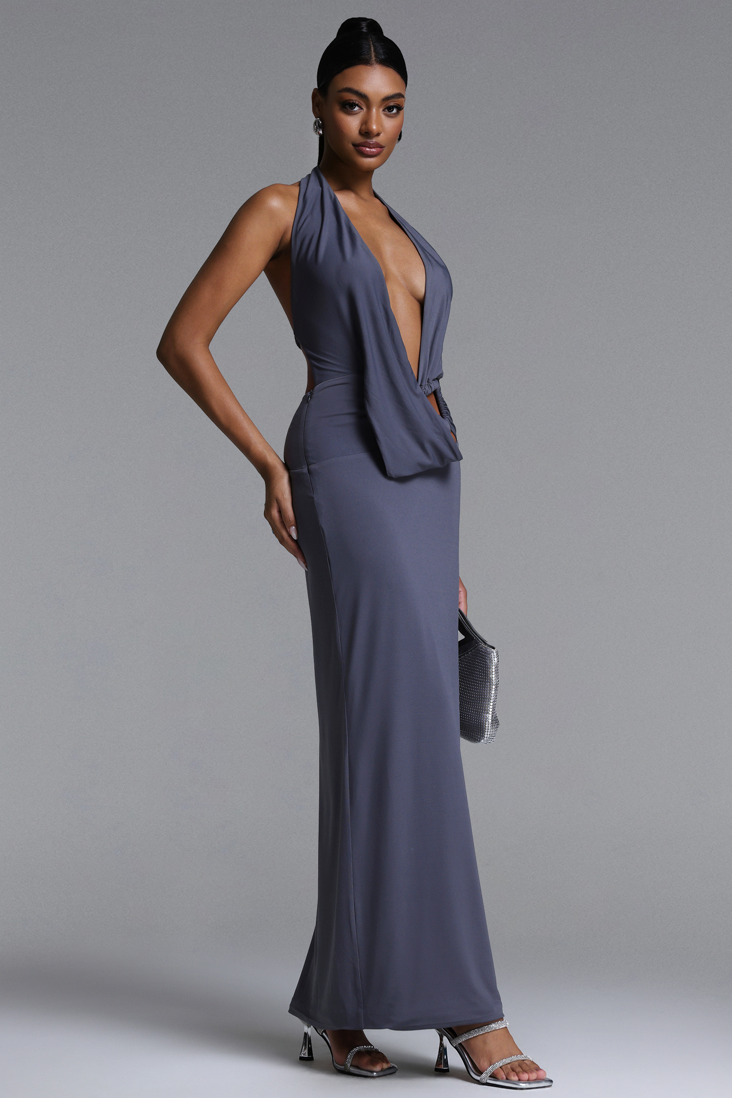 Xuliy Chic Contour Deep V Asymmetric Metal Buckle Maxi Dress