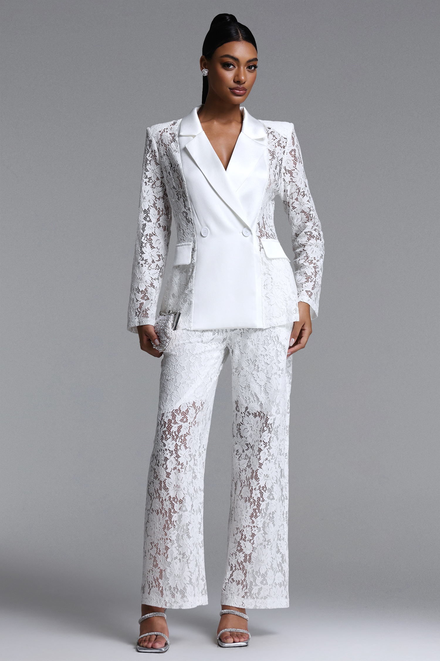 Phyllis Elegant Tailored Long Sleeve Lace Blazer and Pants Set