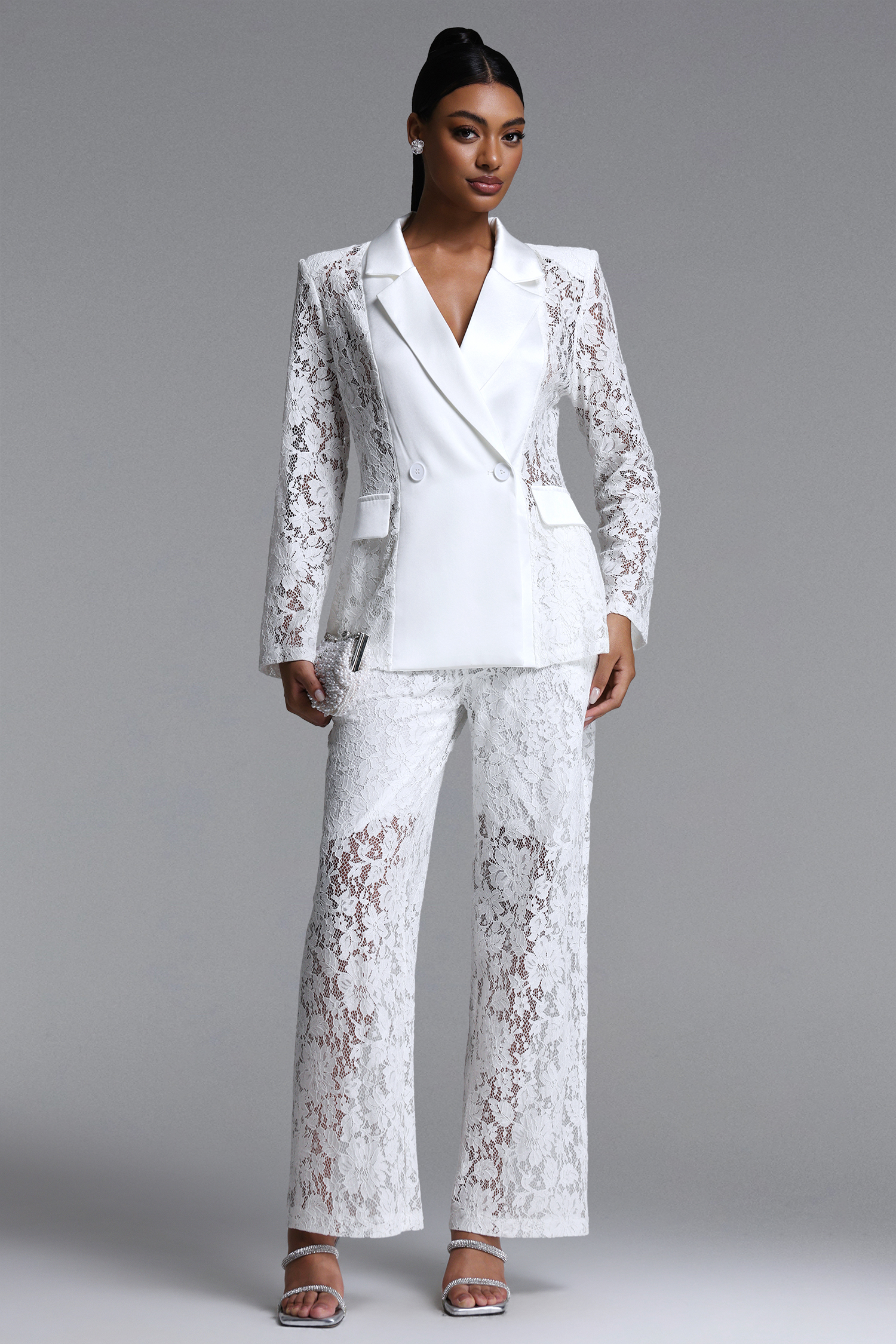 Phyllis Elegant Tailored Long Sleeve Lace Blazer and Pants Set