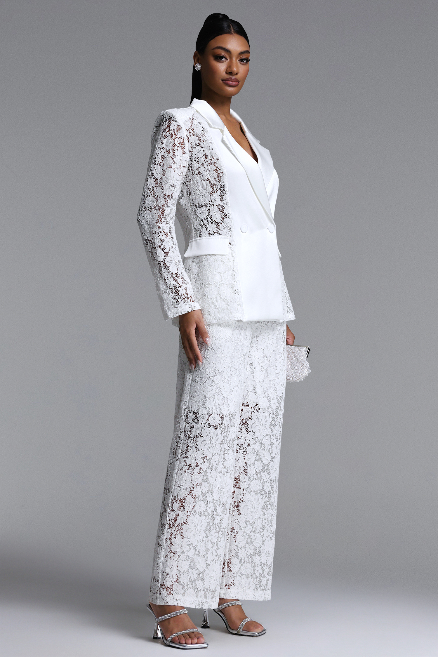 Phyllis Elegant Tailored Long Sleeve Lace Blazer and Pants Set