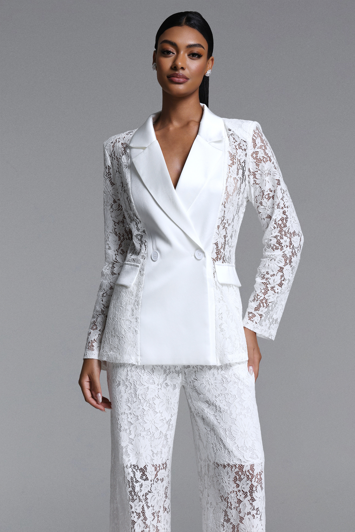 Phyllis Elegant Tailored Long Sleeve Lace Blazer and Pants Set