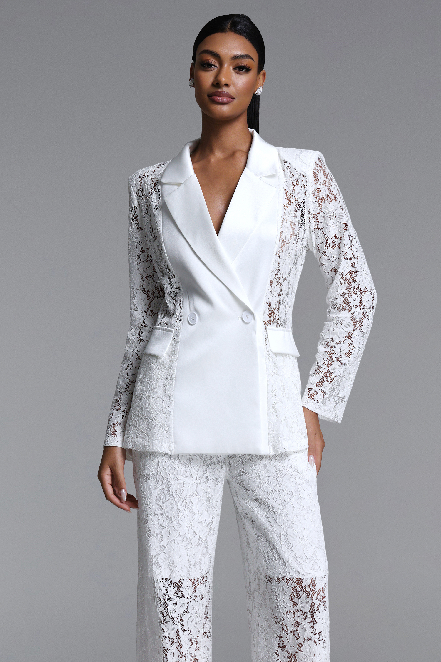 Phyllis Elegant Tailored Long Sleeve Lace Blazer and Pants Set