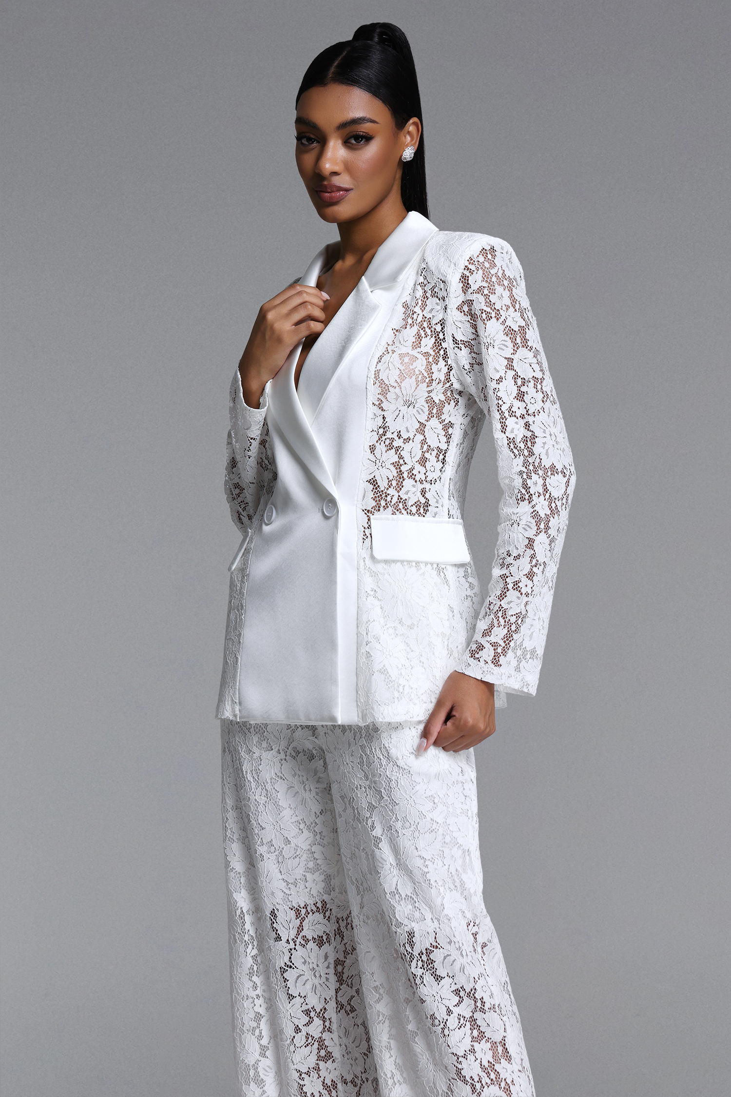 Phyllis Elegant Tailored Long Sleeve Lace Blazer and Pants Set