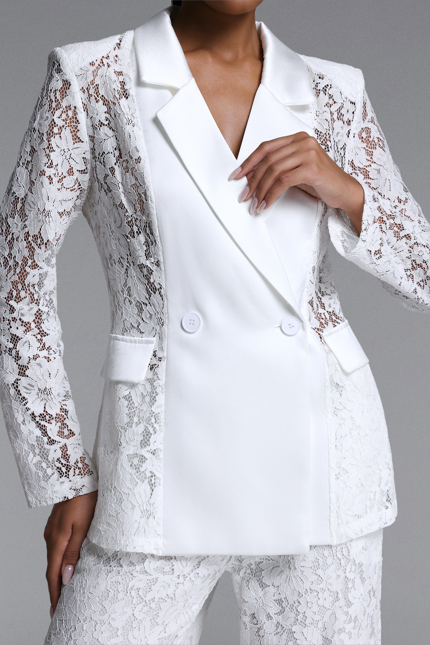 Phyllis Elegant Tailored Long Sleeve Lace Blazer and Pants Set