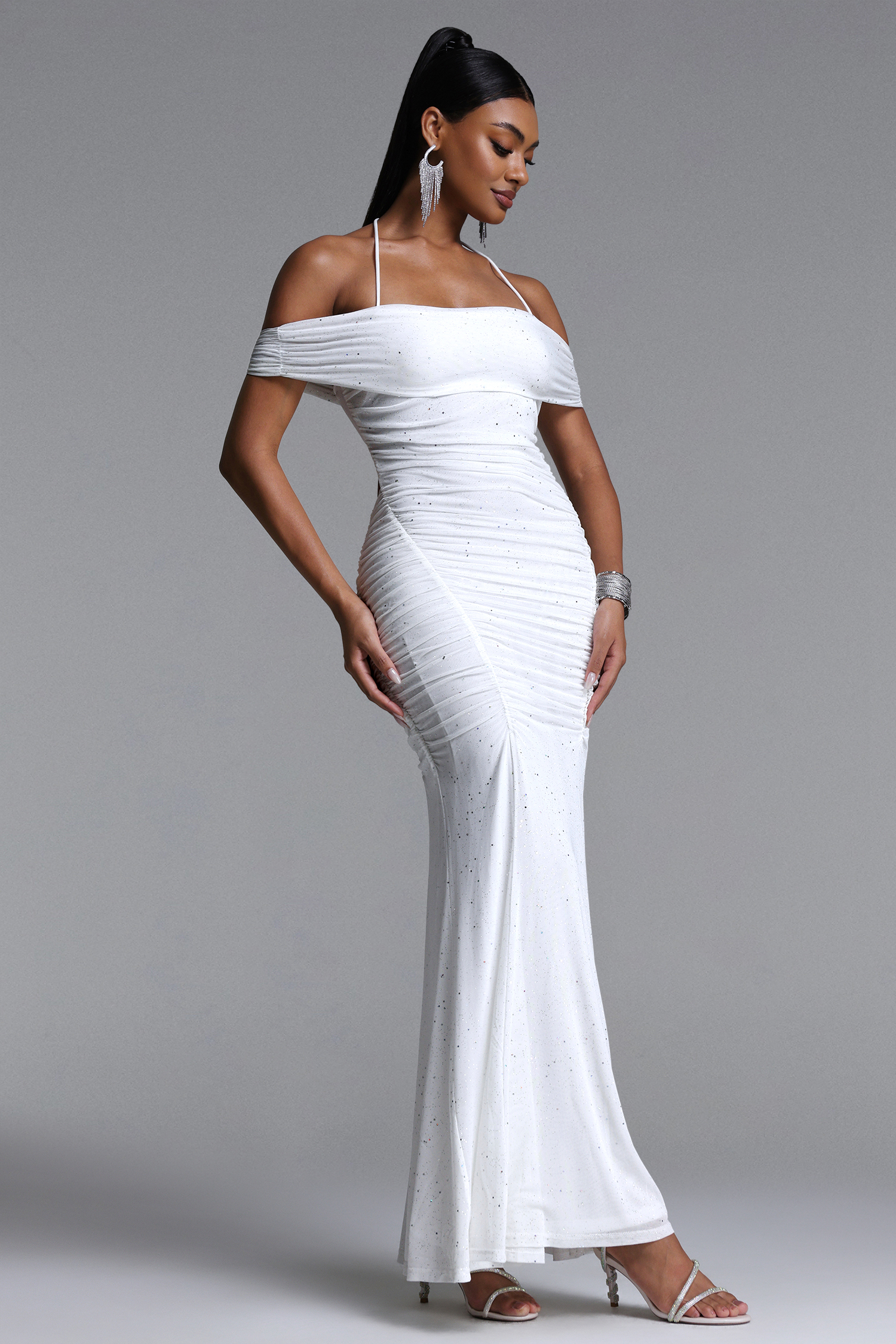 Evangeline Elegant Contour Halter Off Shoulder Ruched Crystal Maxi Dress