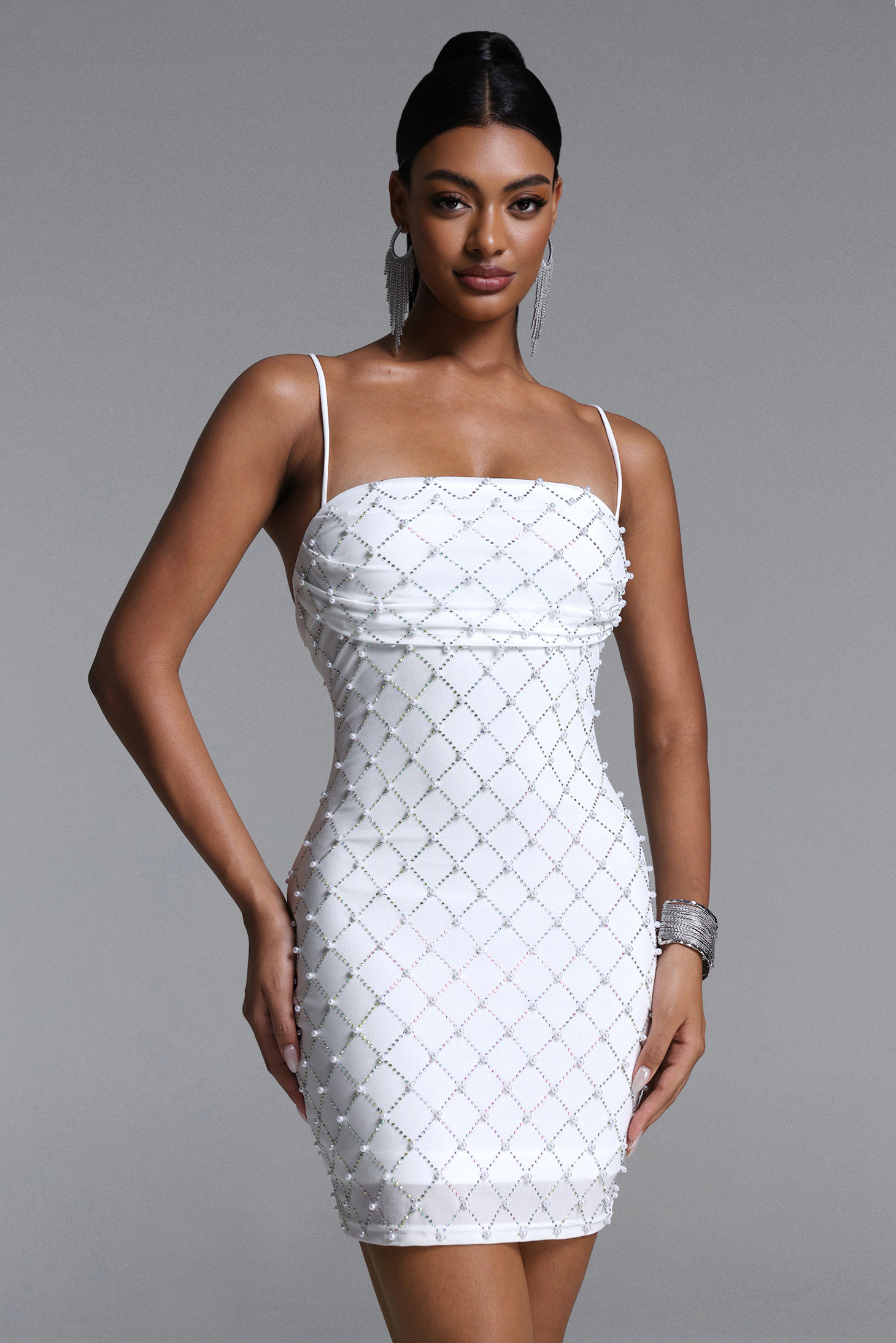 Haco Chic Contour Halter Pearl Crystal Mini Dress