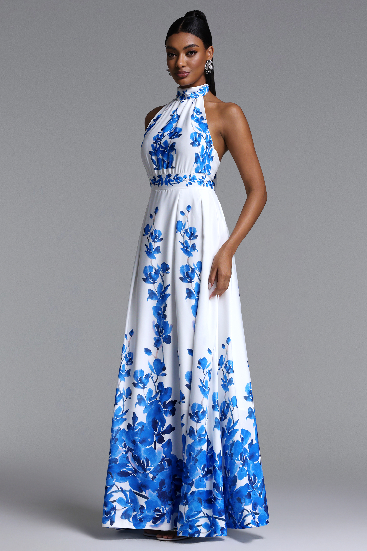 Yaloru Elegant Flowy Halter Pleated Floral Print Maxi Dress