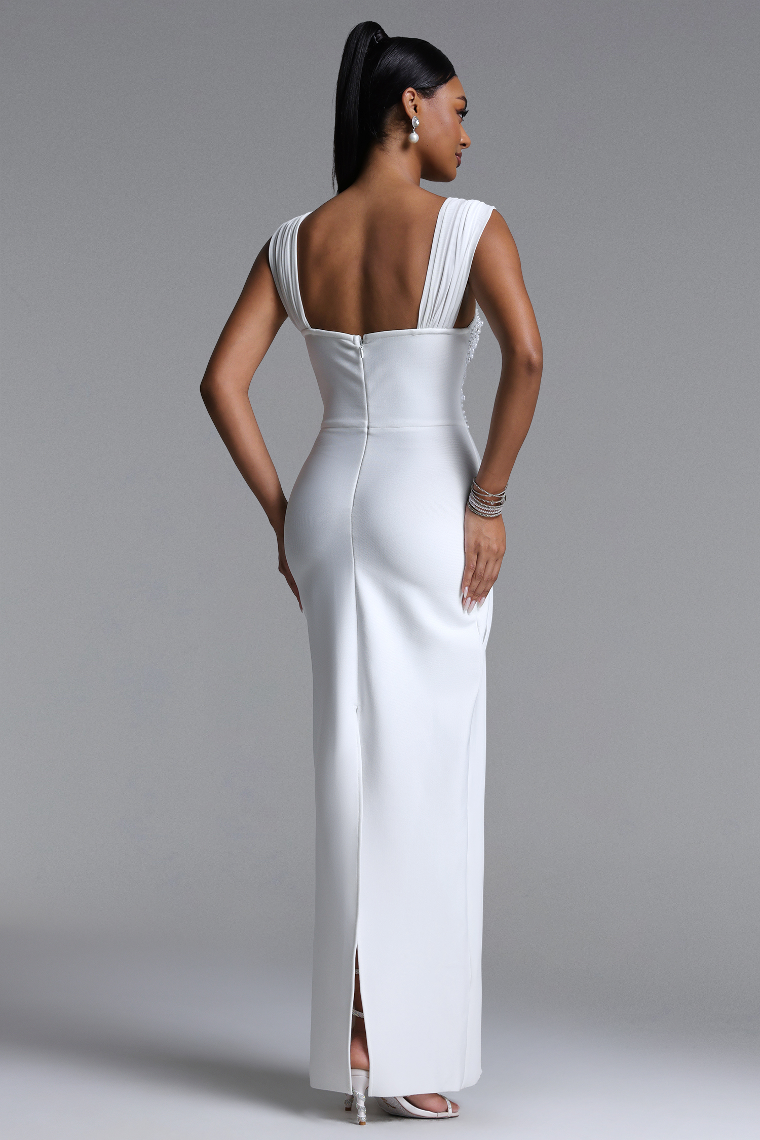 Mako Elegant Contour Pearl Rhinestone Ruched Bandage Maxi Dress