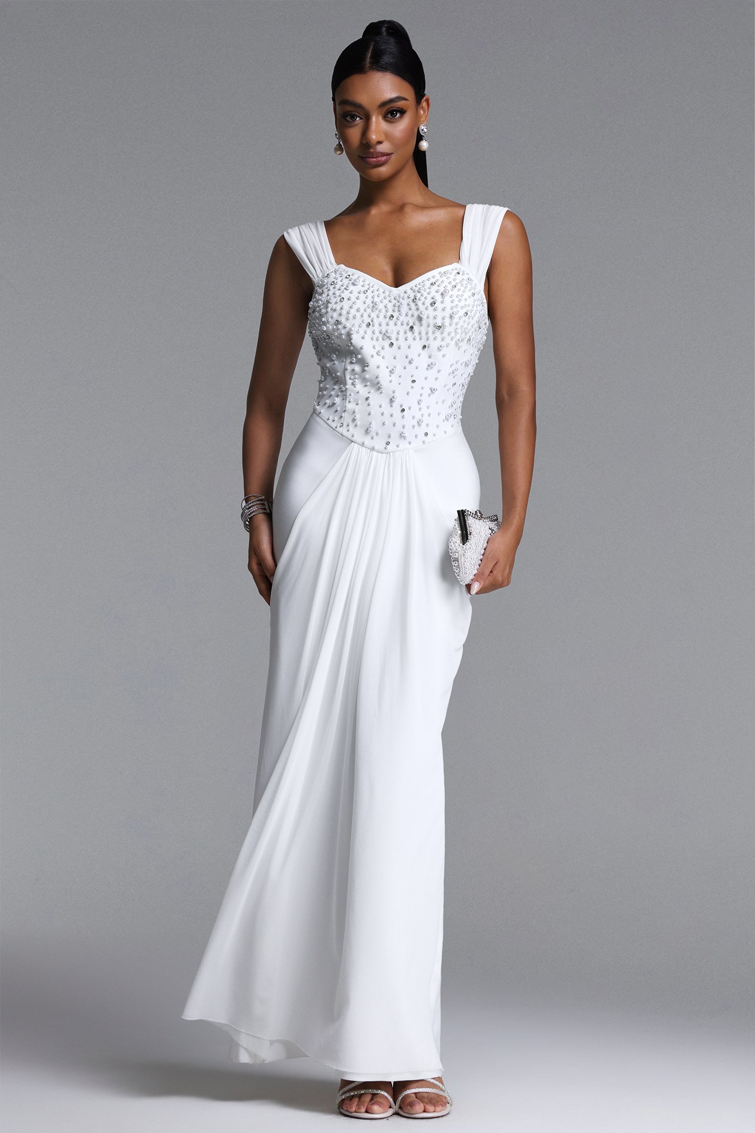 Mako Elegant Contour Pearl Rhinestone Ruched Bandage Maxi Dress