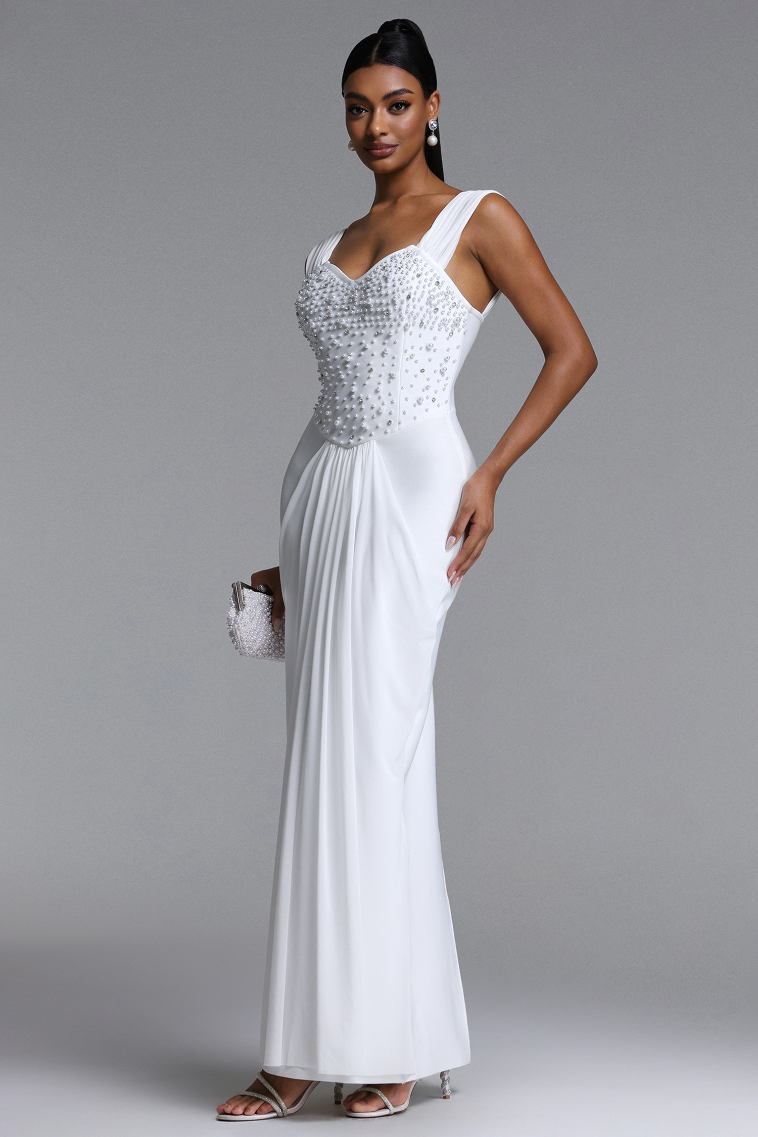 Mako Elegant Contour Pearl Rhinestone Ruched Bandage Maxi Dress