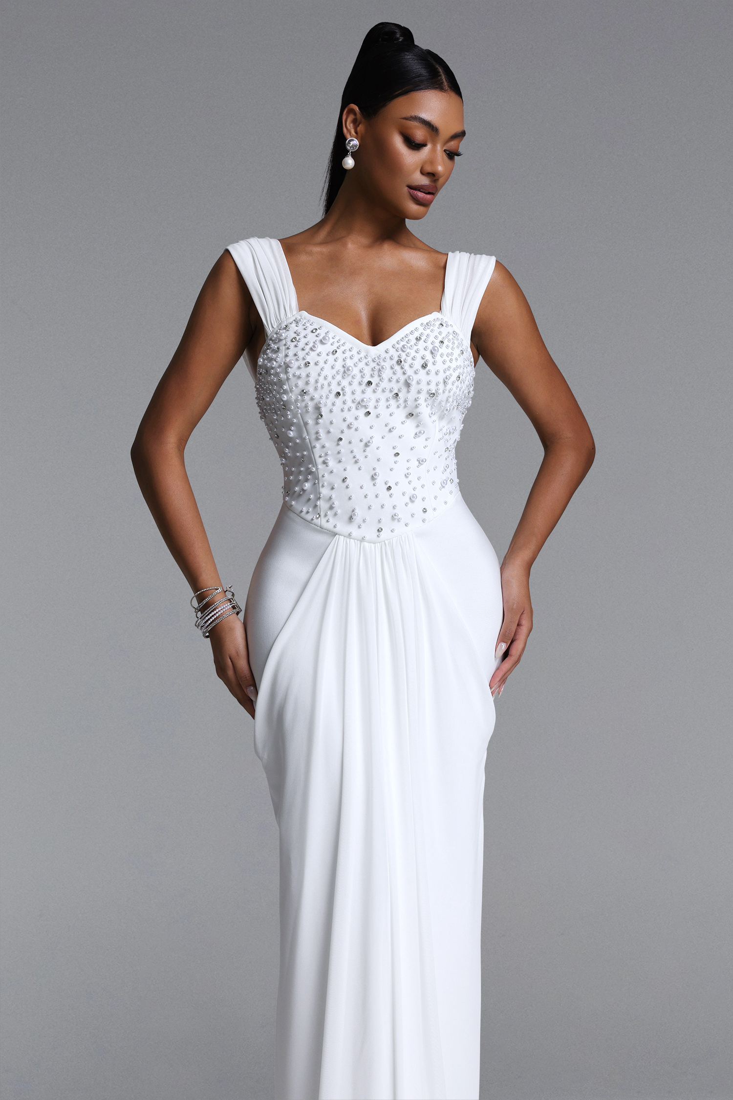 Mako Elegant Contour Pearl Rhinestone Ruched Bandage Maxi Dress