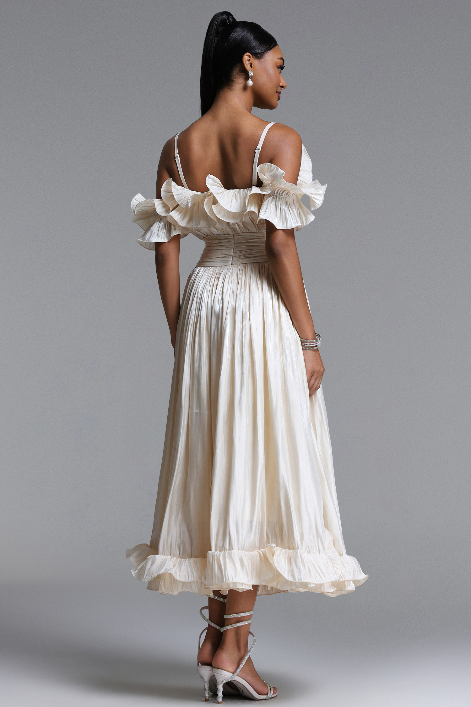 Suku Elegant Flowy Off Shoulder Ruched Maxi Dress