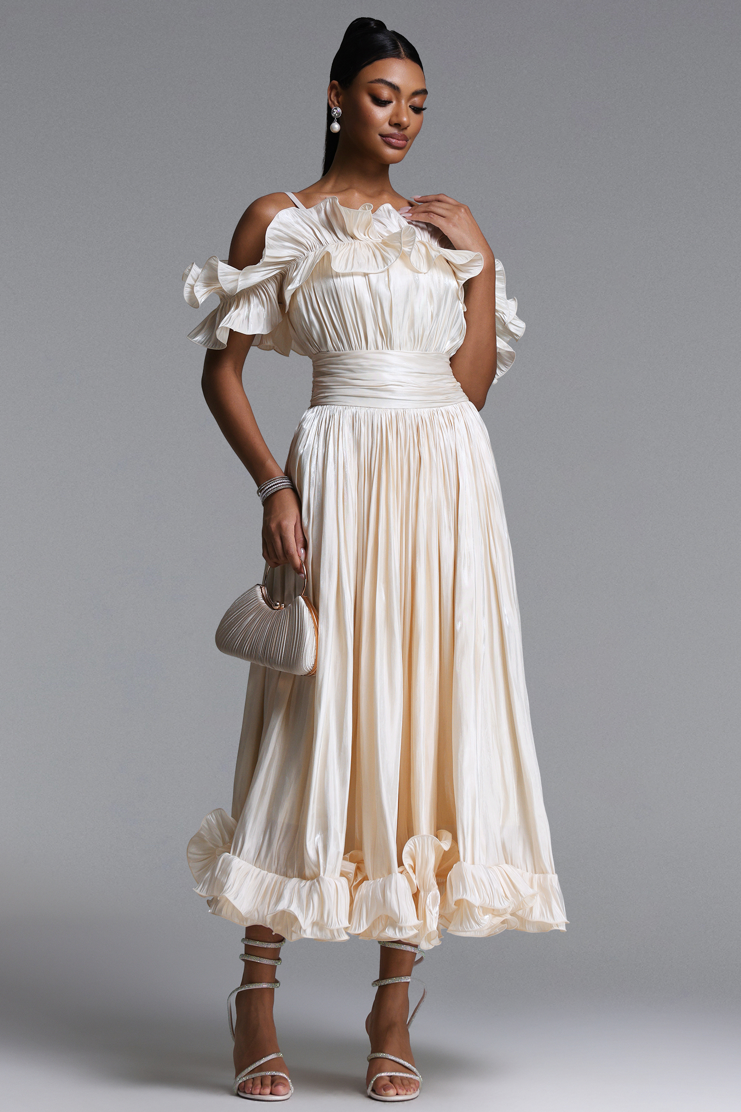 Suku Elegant Flowy Off Shoulder Ruched Maxi Dress