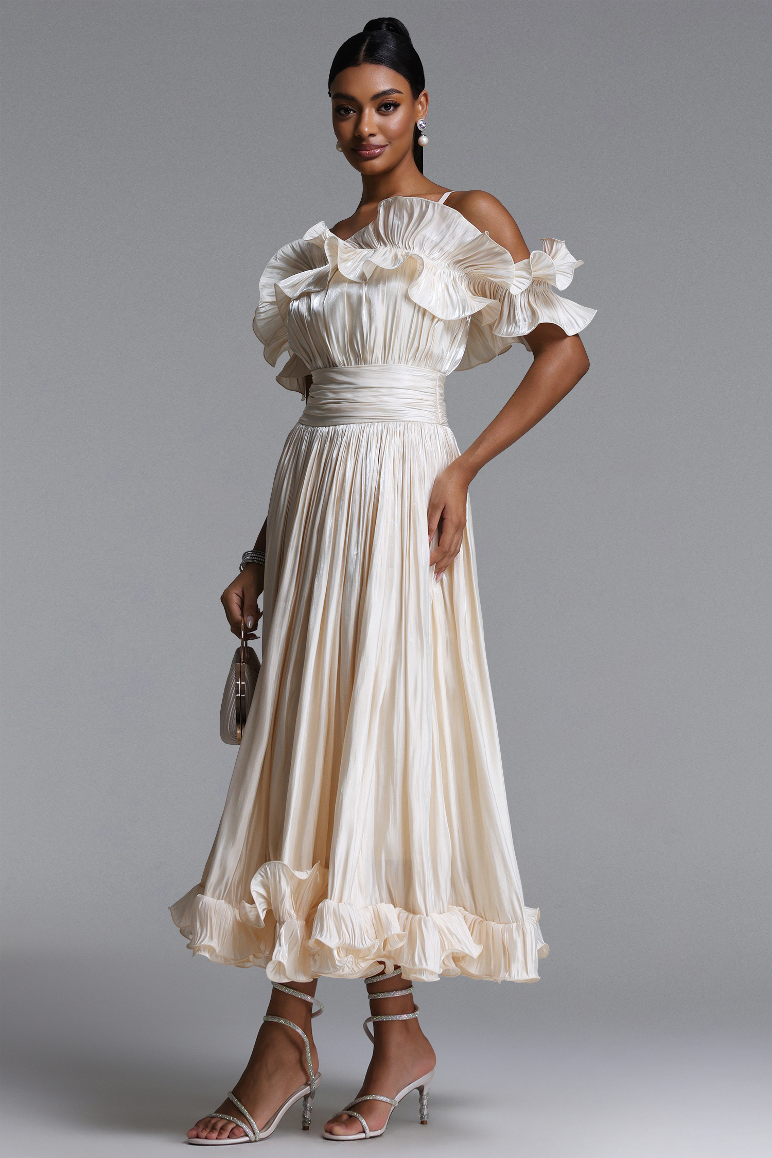 Suku Elegant Flowy Off Shoulder Ruched Maxi Dress