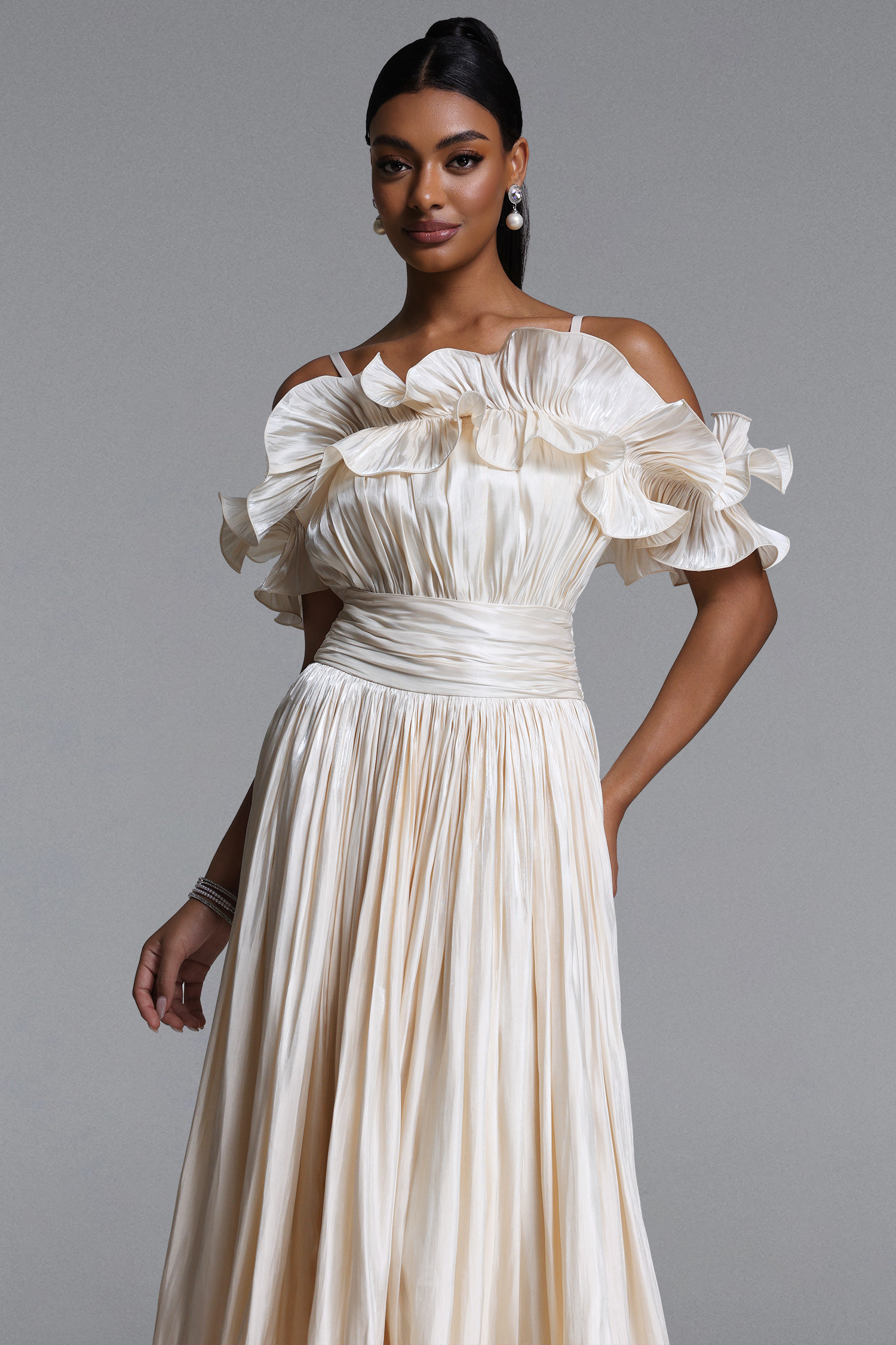 Suku Elegant Flowy Off Shoulder Ruched Maxi Dress
