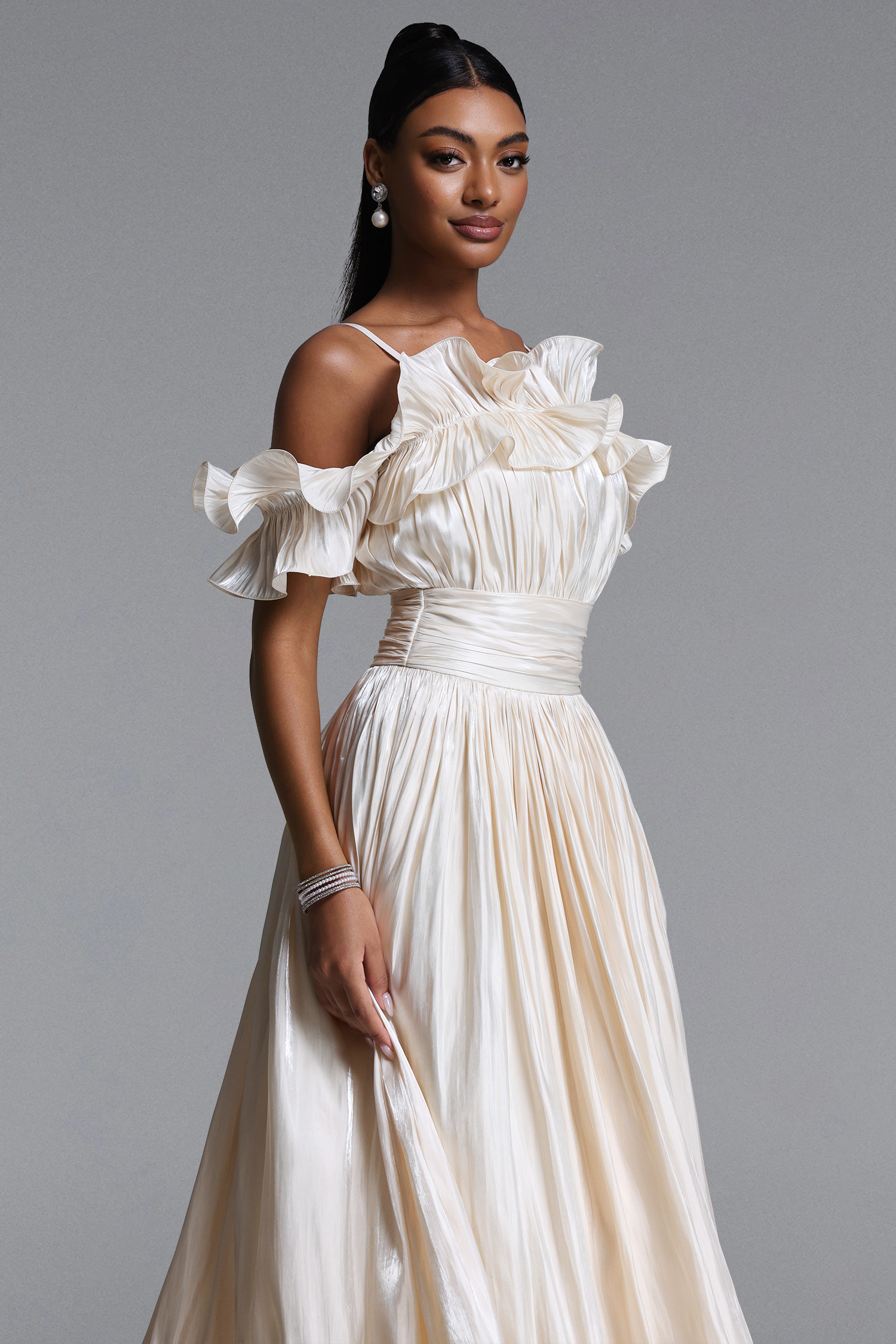 Suku Elegant Flowy Off Shoulder Ruched Maxi Dress