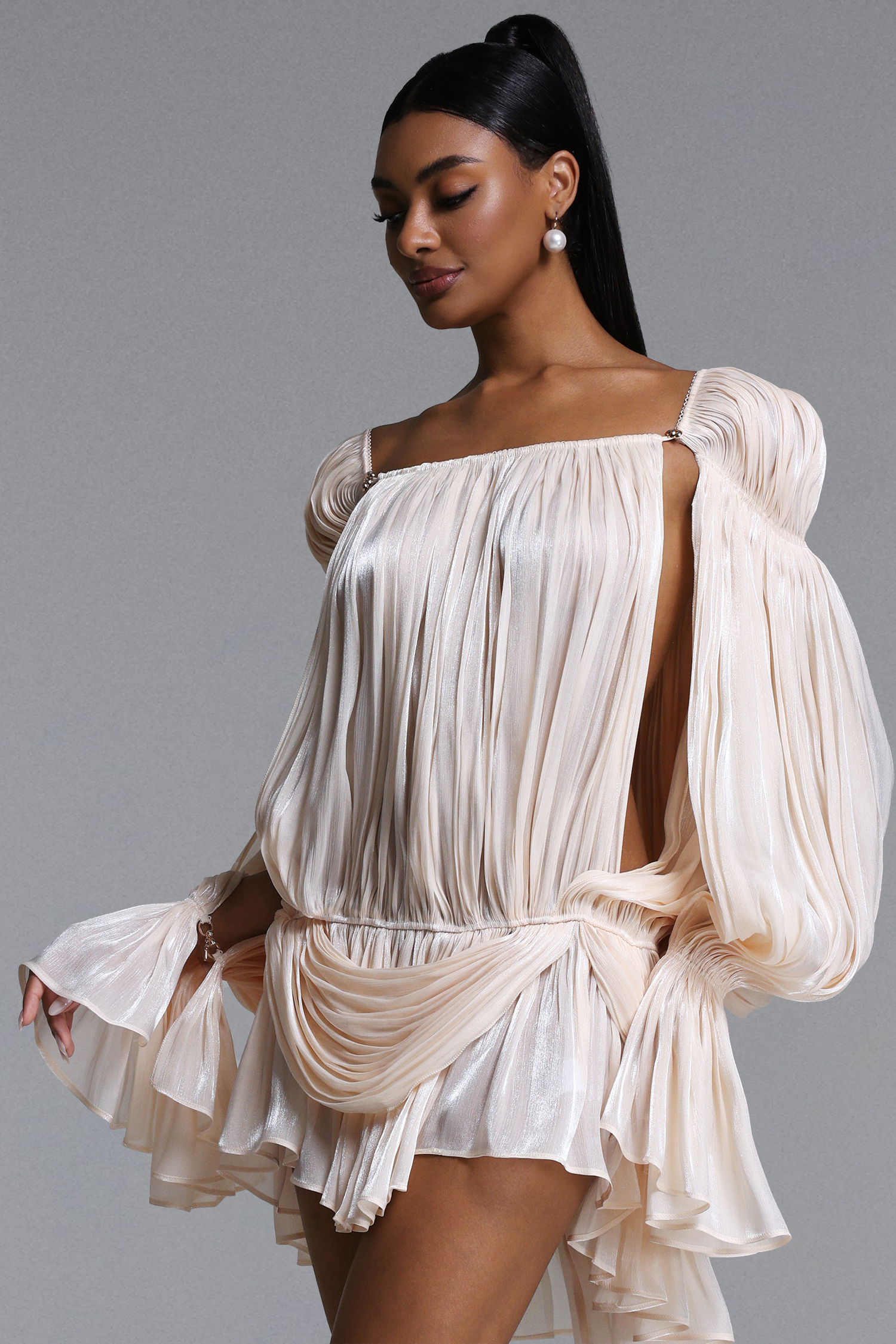 Eamon Romantic Flowy Long Sleeve Pleated Satin Mini Dress