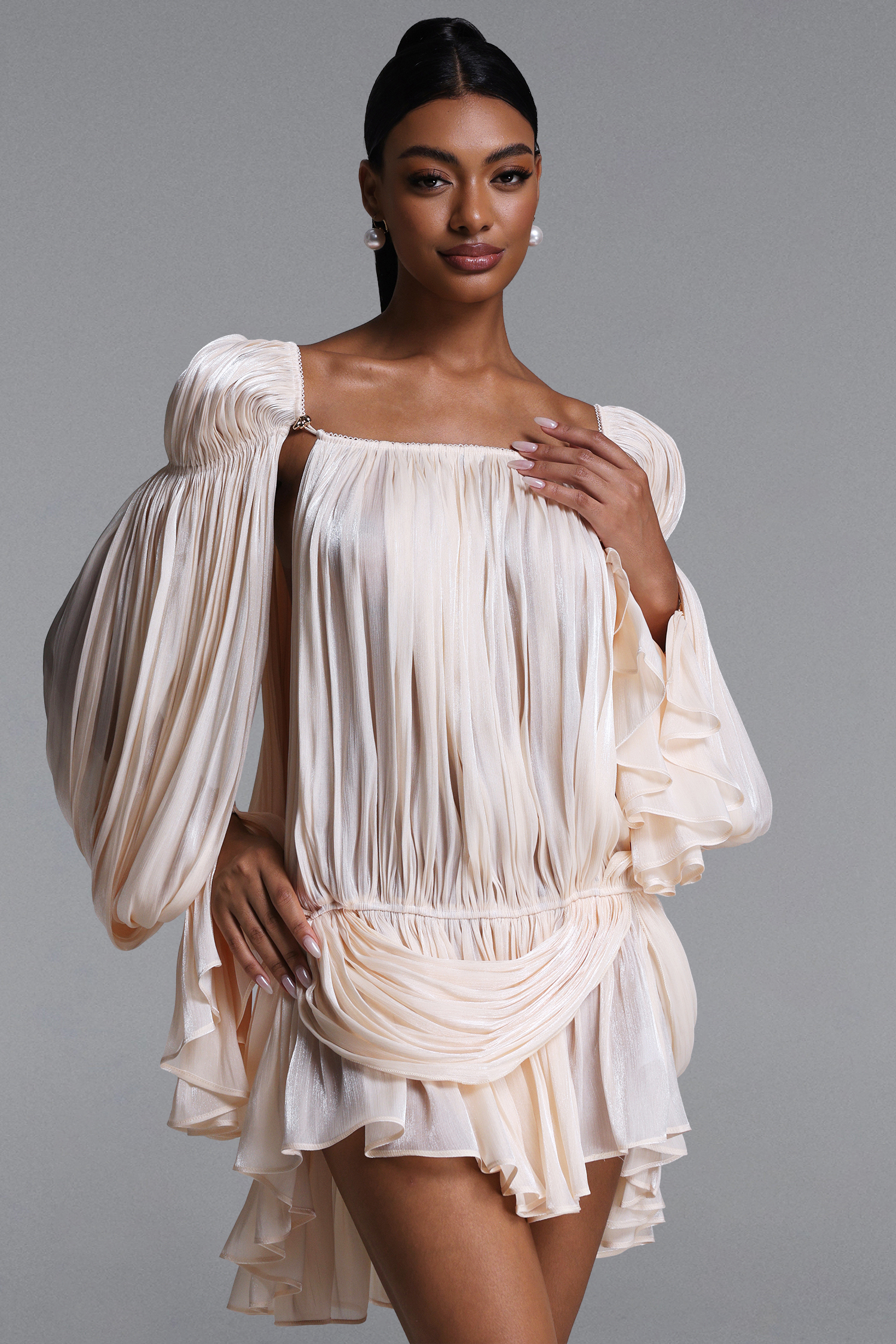 Eamon Romantic Flowy Long Sleeve Pleated Satin Mini Dress