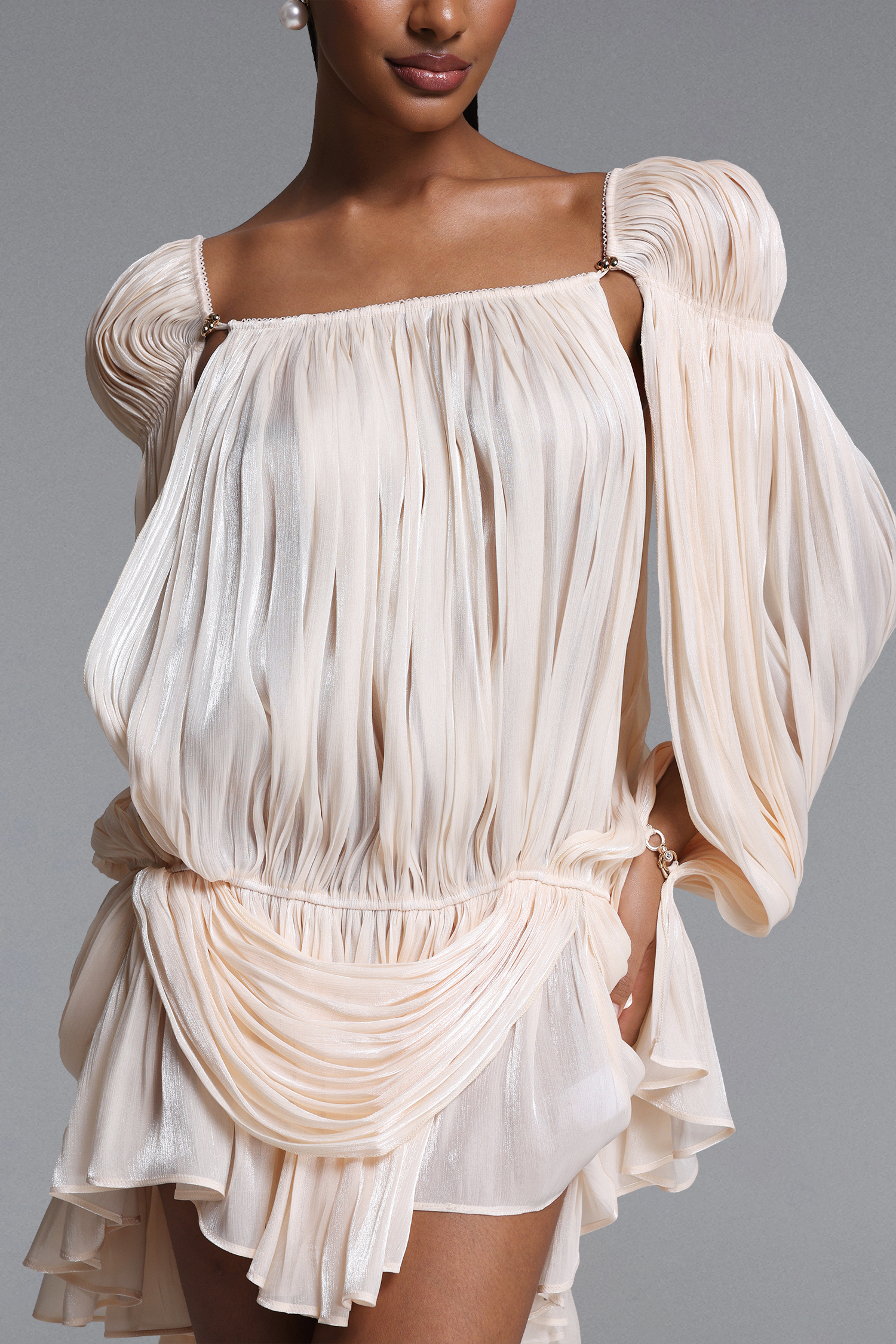 Eamon Romantic Flowy Long Sleeve Pleated Satin Mini Dress