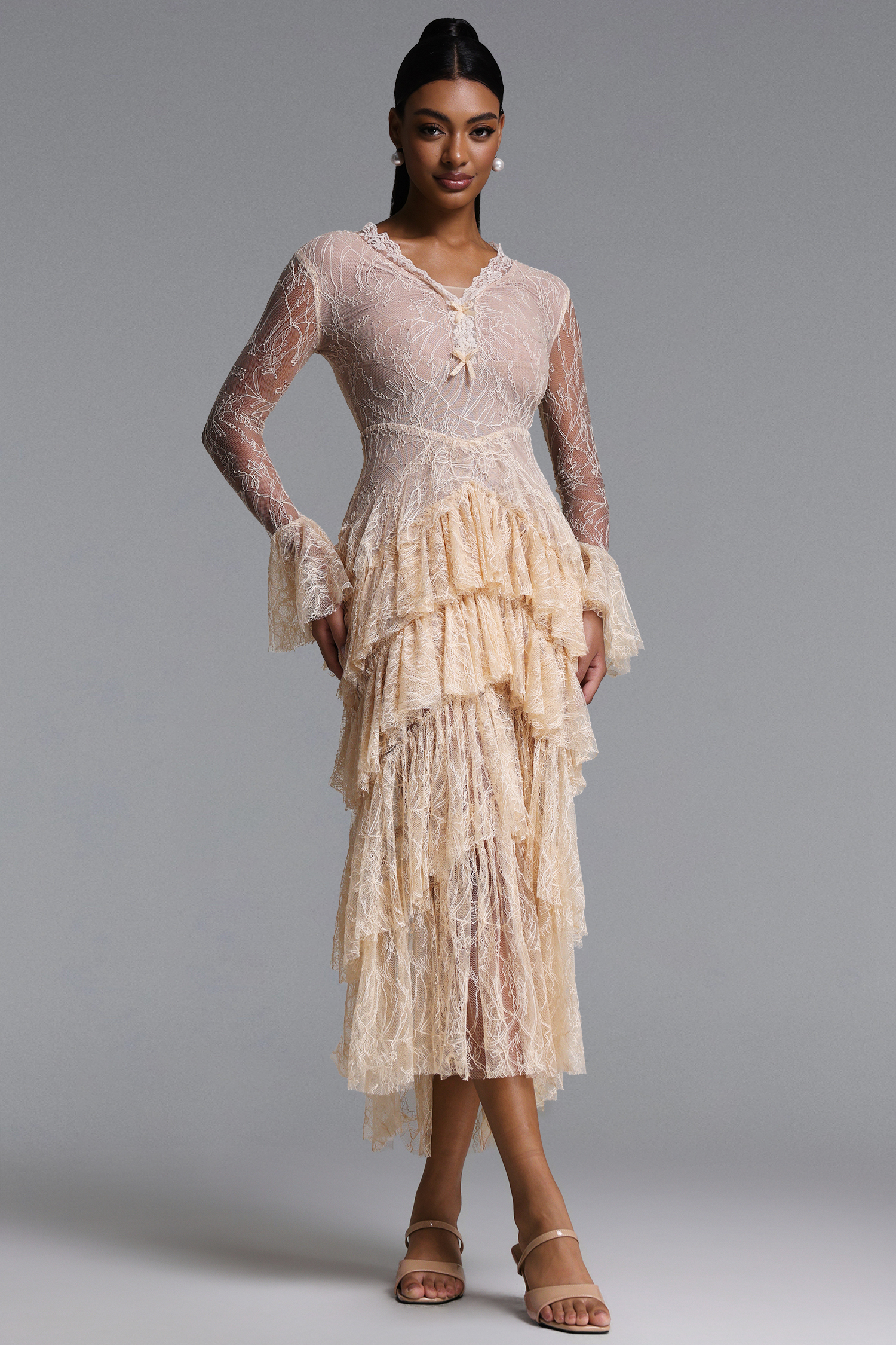 Kianala Romantic Flowy V Neck Long Sleeve Ruffle Lace Maxi Dress