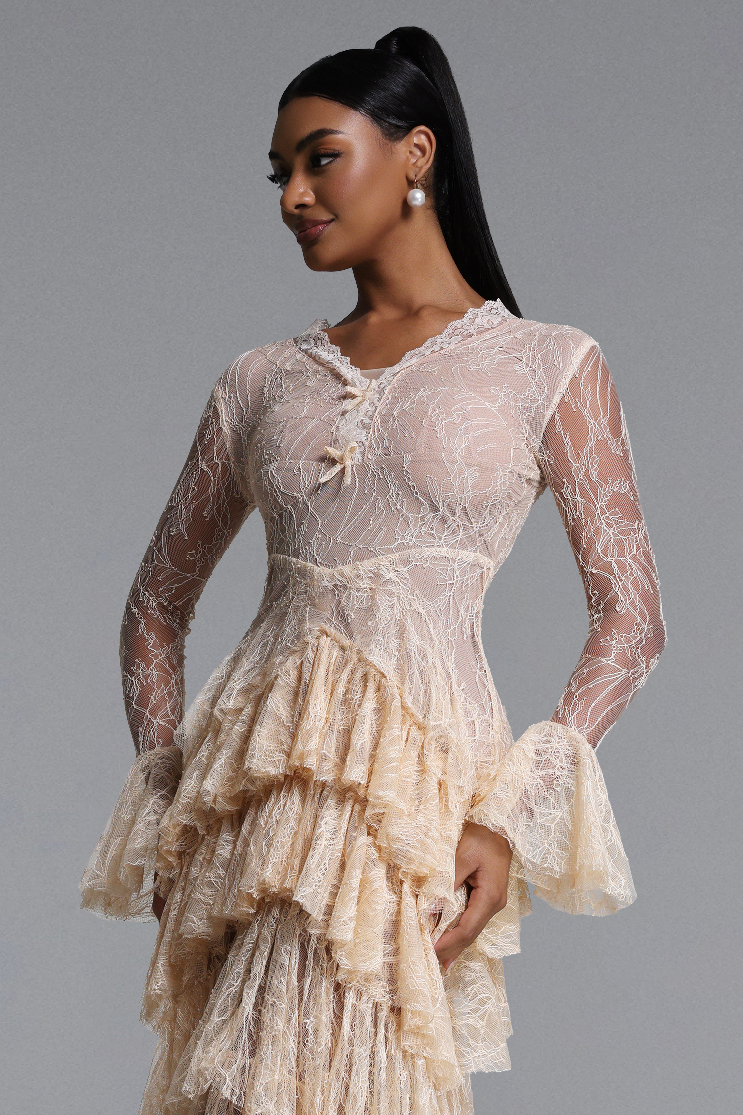 Kianala Romantic Flowy V Neck Long Sleeve Ruffle Lace Maxi Dress