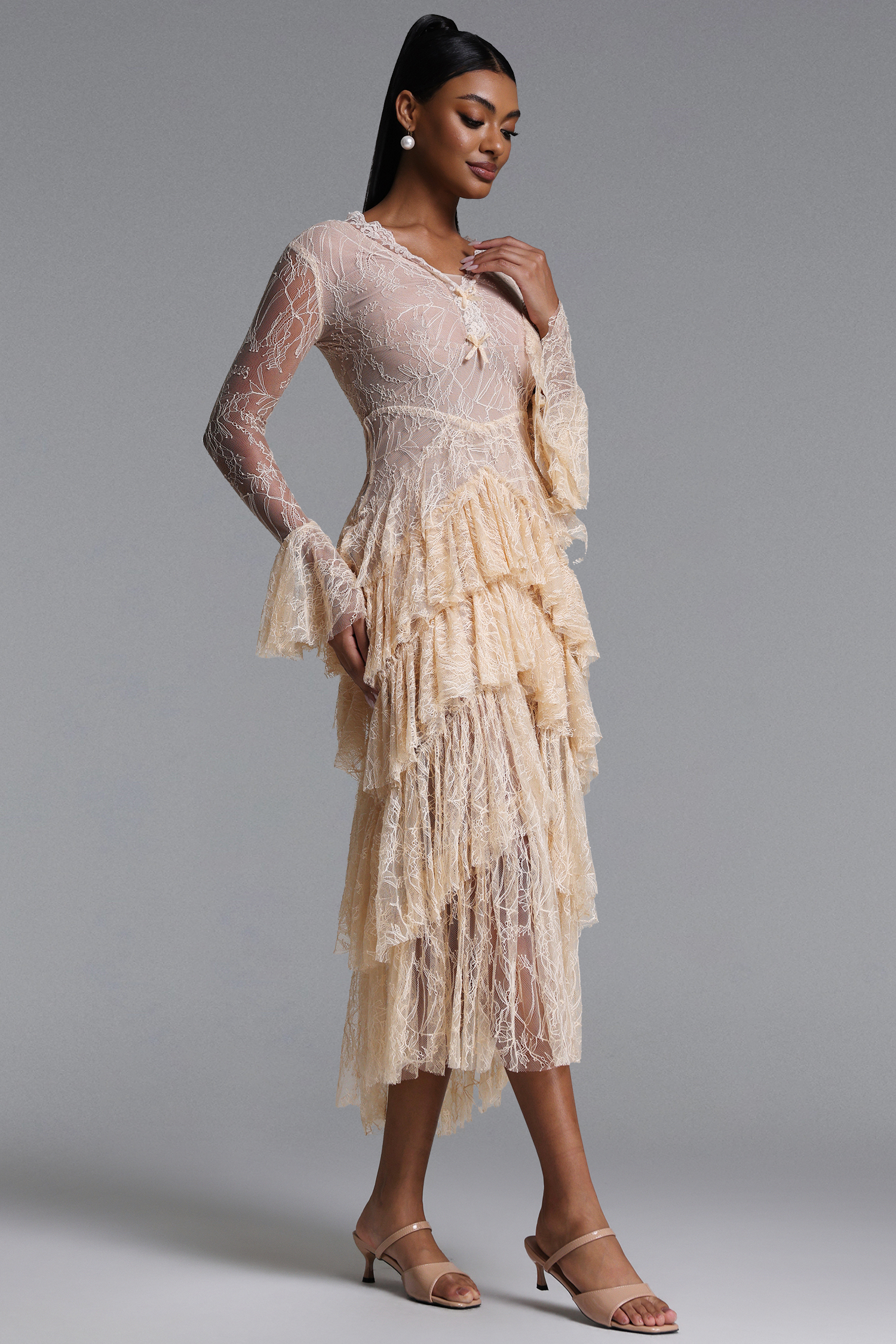 Kianala Romantic Flowy V Neck Long Sleeve Ruffle Lace Maxi Dress