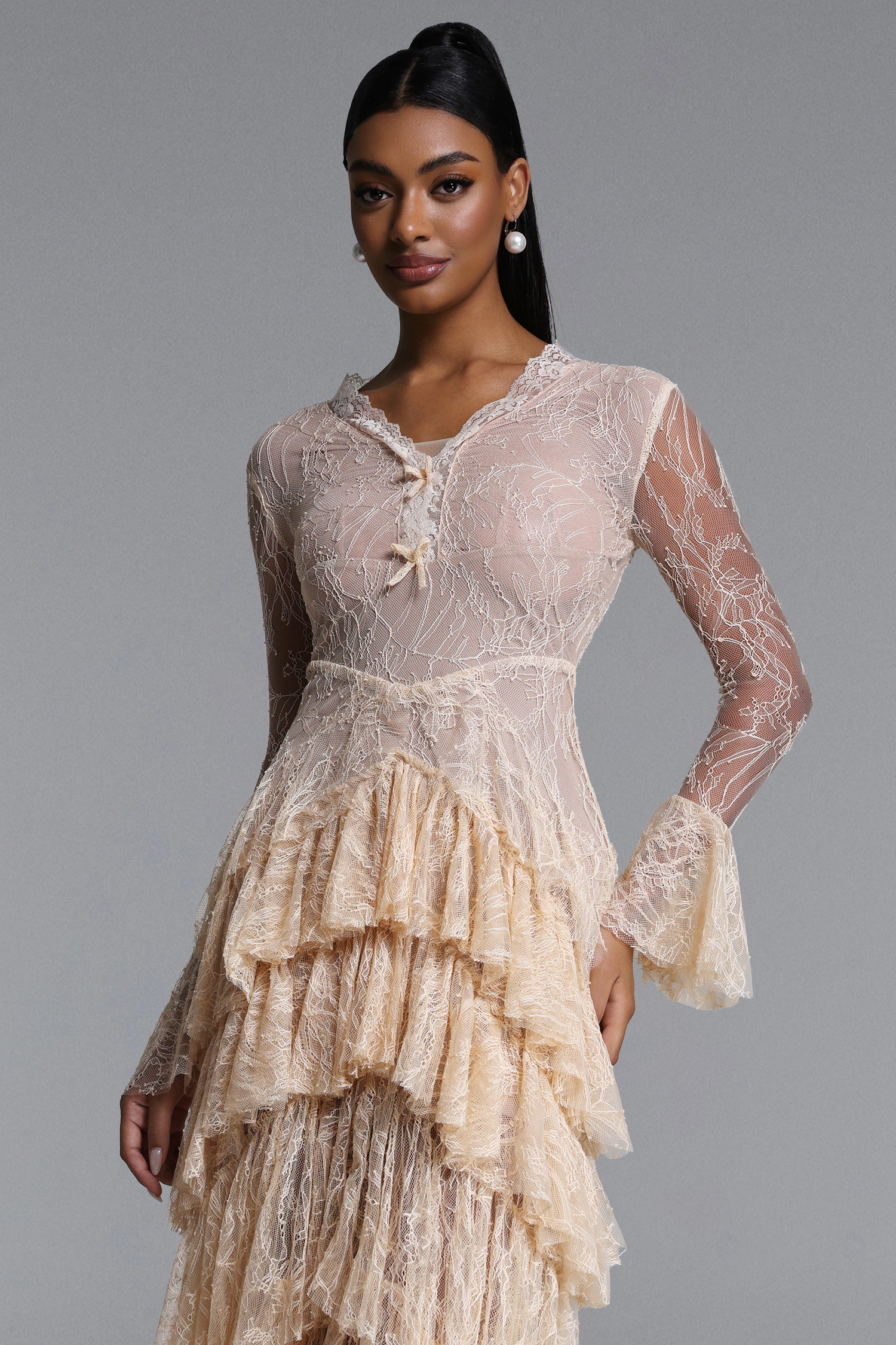 Kianala Romantic Flowy V Neck Long Sleeve Ruffle Lace Maxi Dress